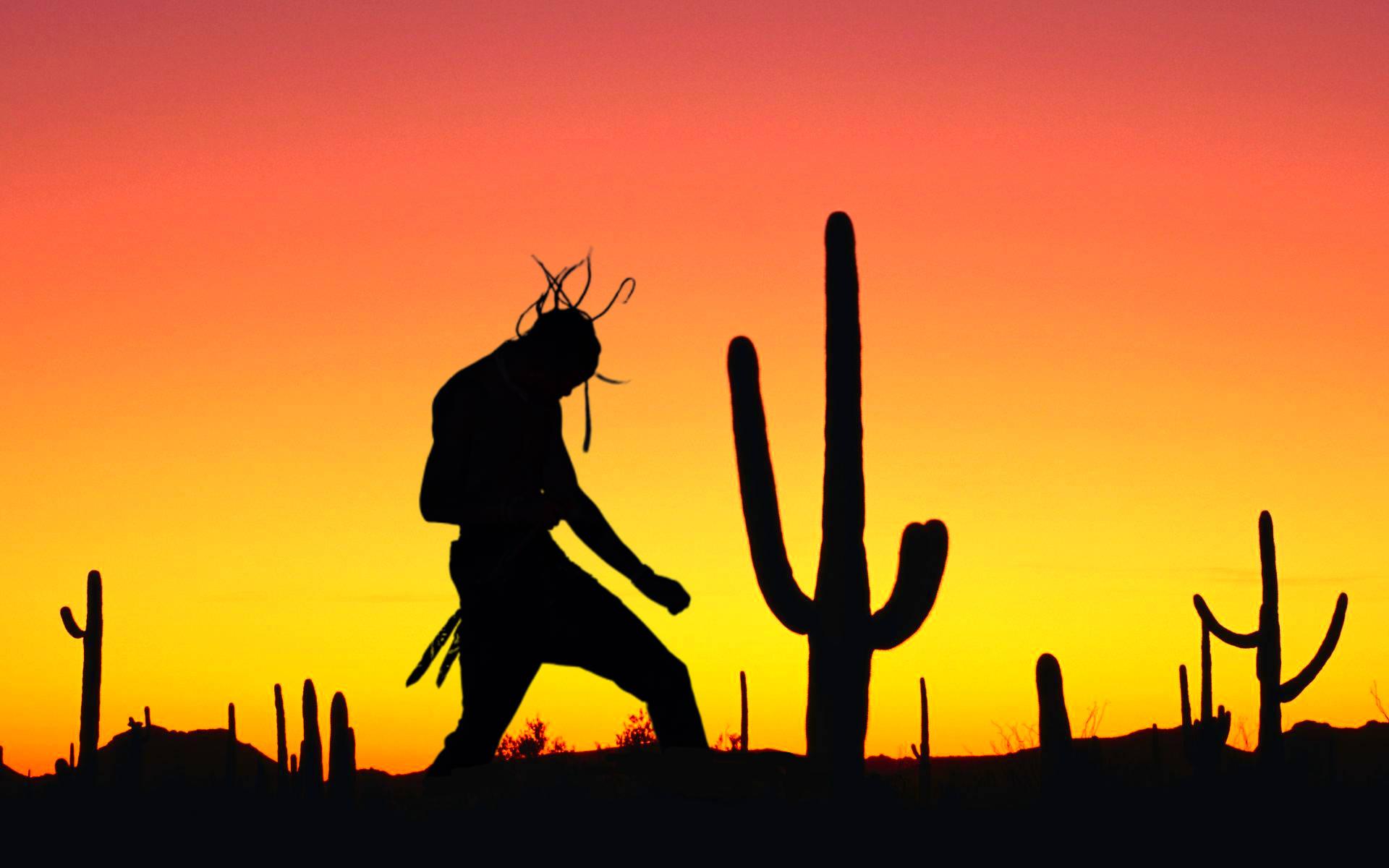 Cactus Jack, saguaro cacti, fiery sunset sky, Full HD Desktop Wallpaper