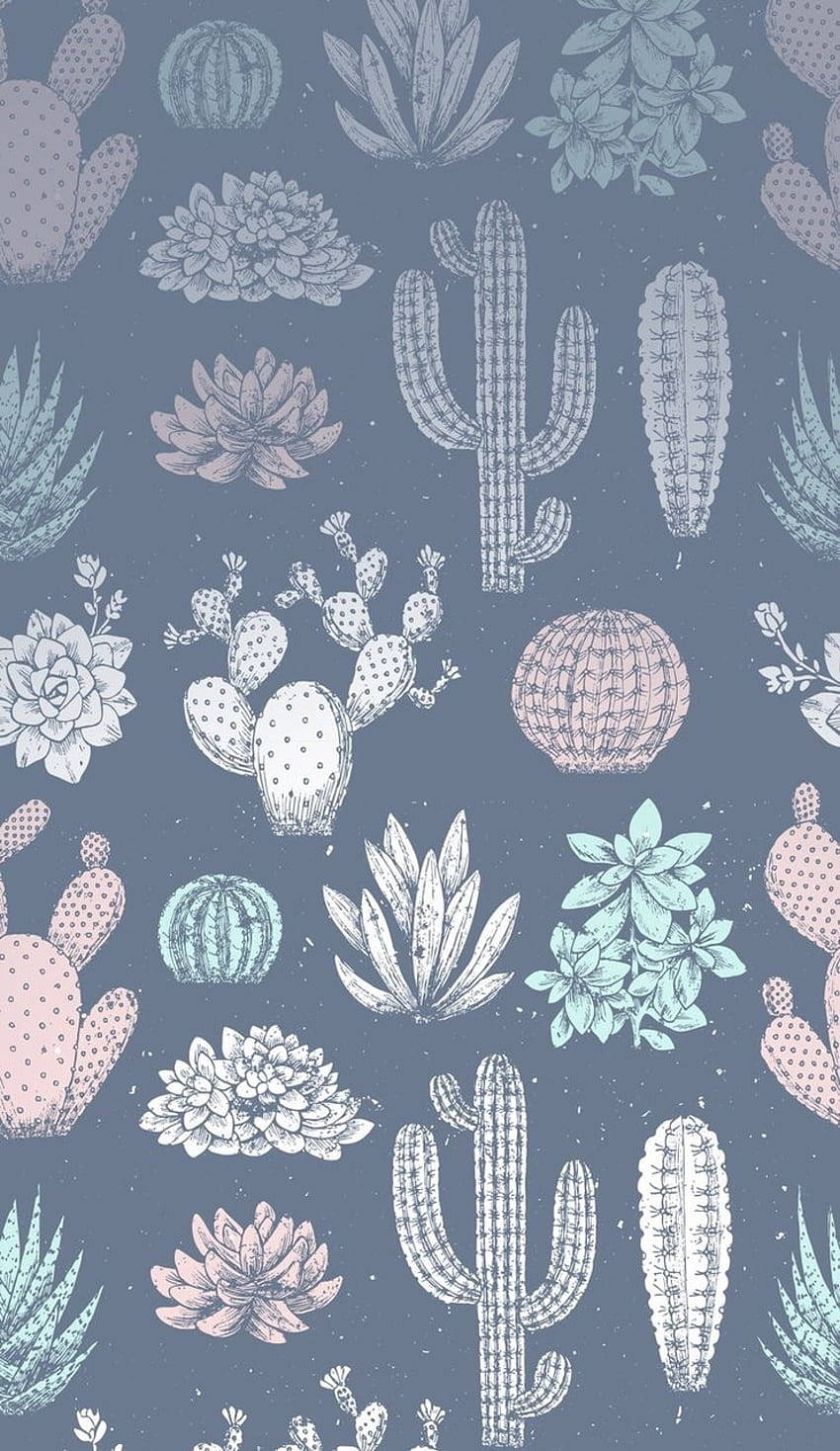 pastel cactus, muted blue background, stylized cacti, HD Phone Wallpaper
