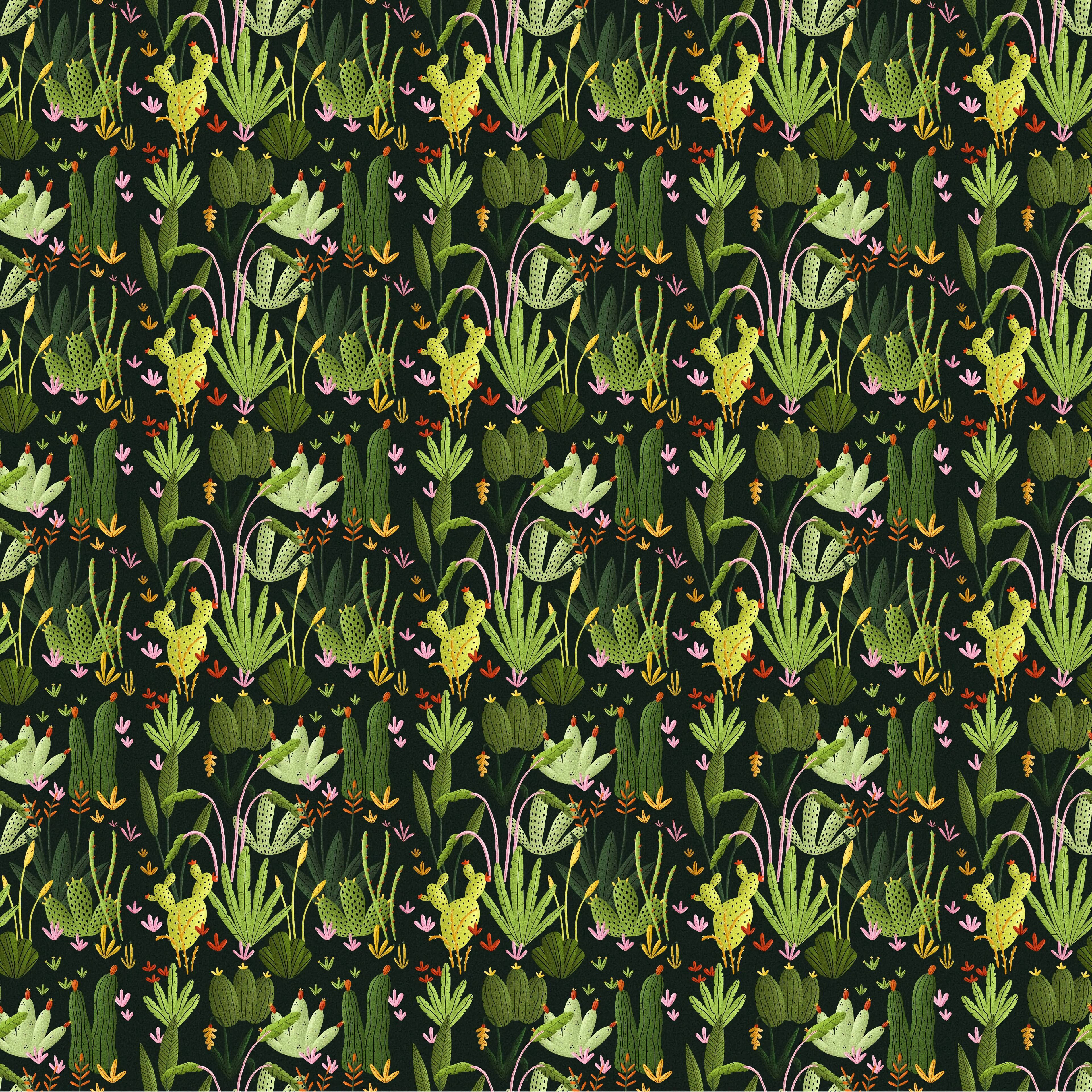 dark girly vintage cactus pattern, yellow blooms, pink accents, 4K Desktop Wallpaper
