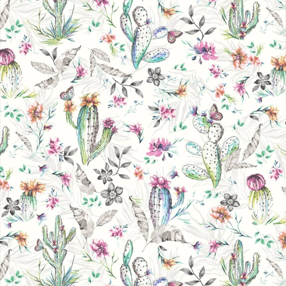 vintage cactus and flowers pattern, watercolor pattern, colorful cacti, SD Desktop Wallpaper
