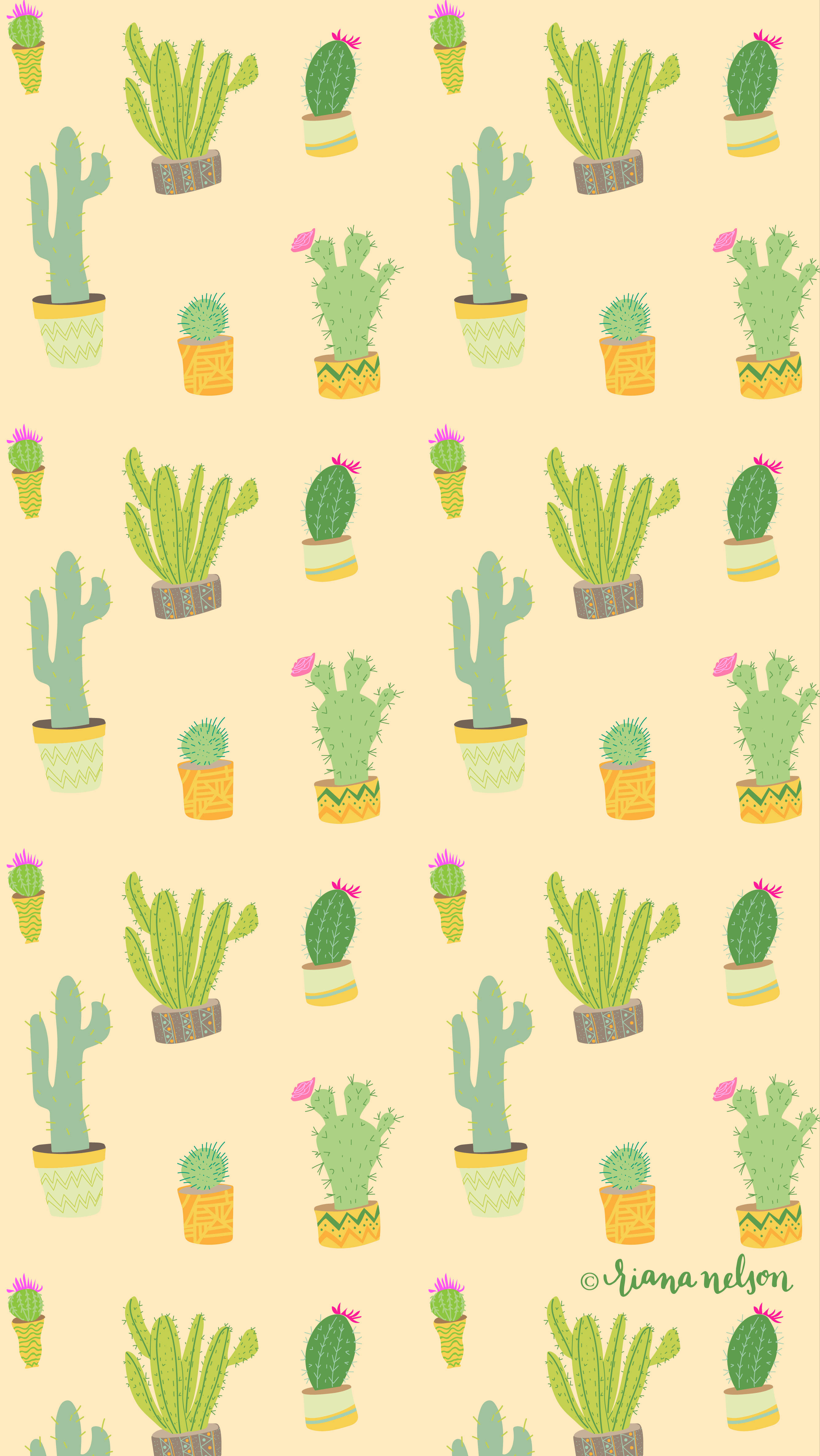 cactus party pattern, potted cacti, pink flowers, 4K Phone Wallpaper