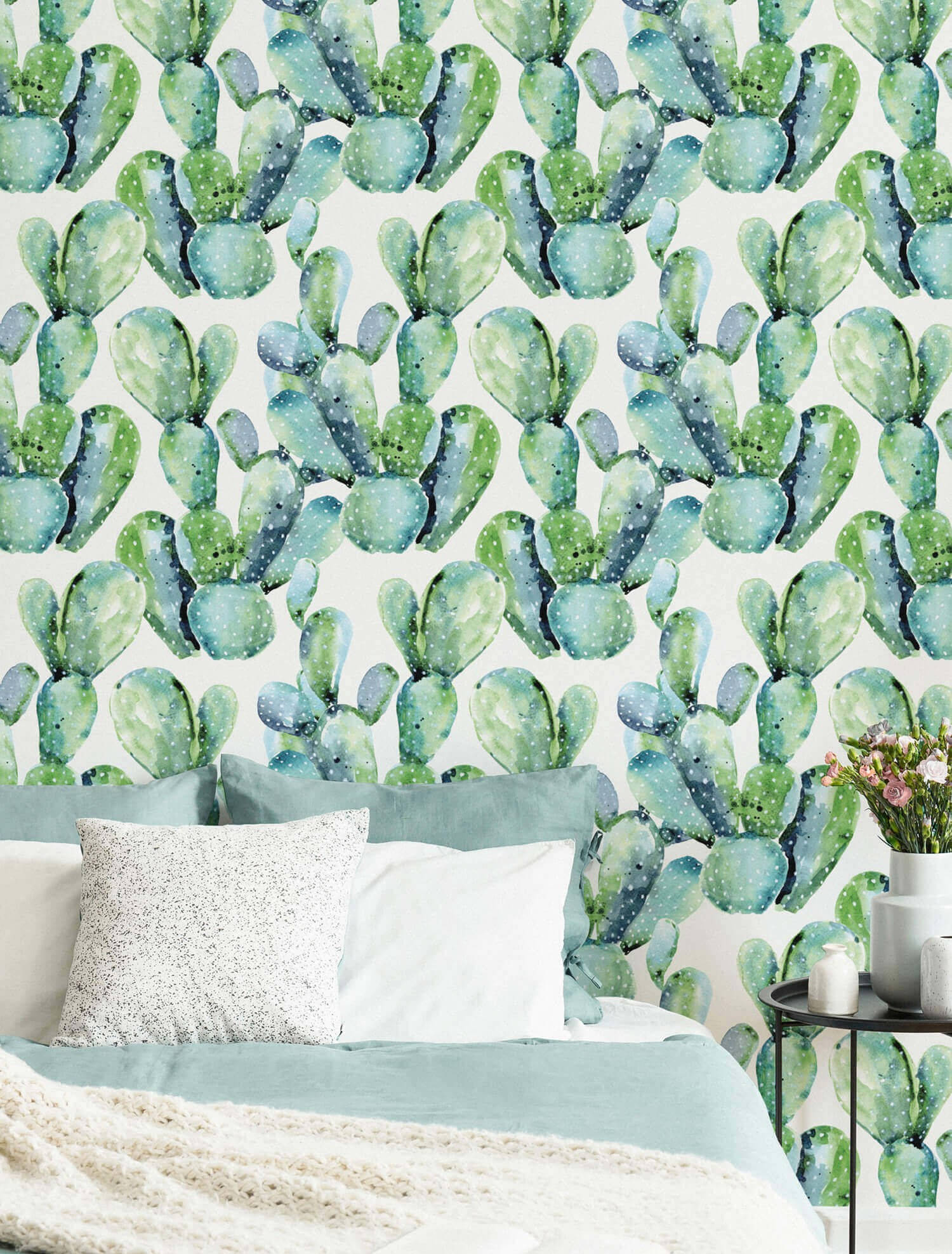 pastel cactus, watercolor pattern, green prickly pear cacti, Full HD Phone Wallpaper