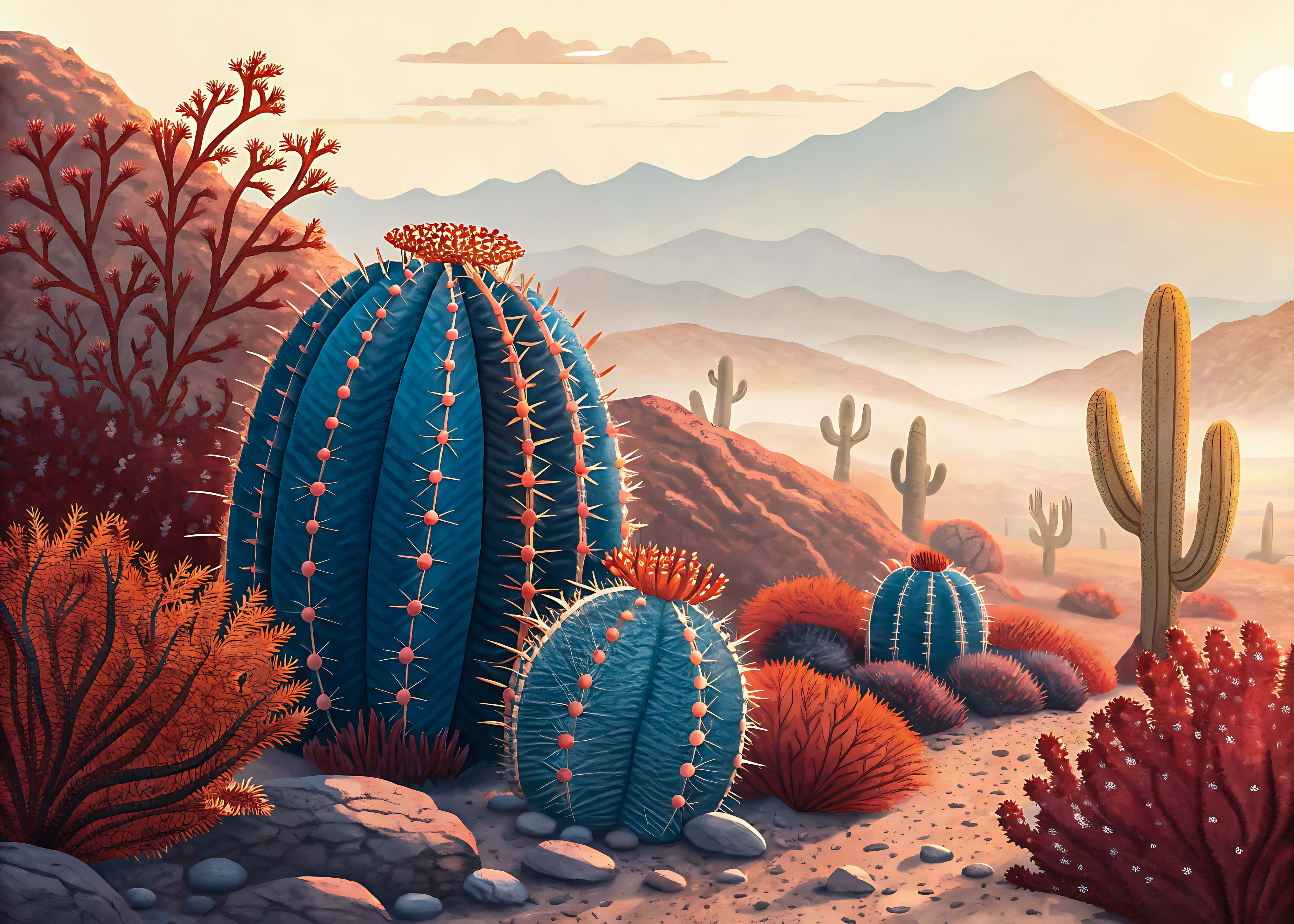 vibrant blue cacti, pink spines, fiery red desert flora, 5K Desktop Wallpaper