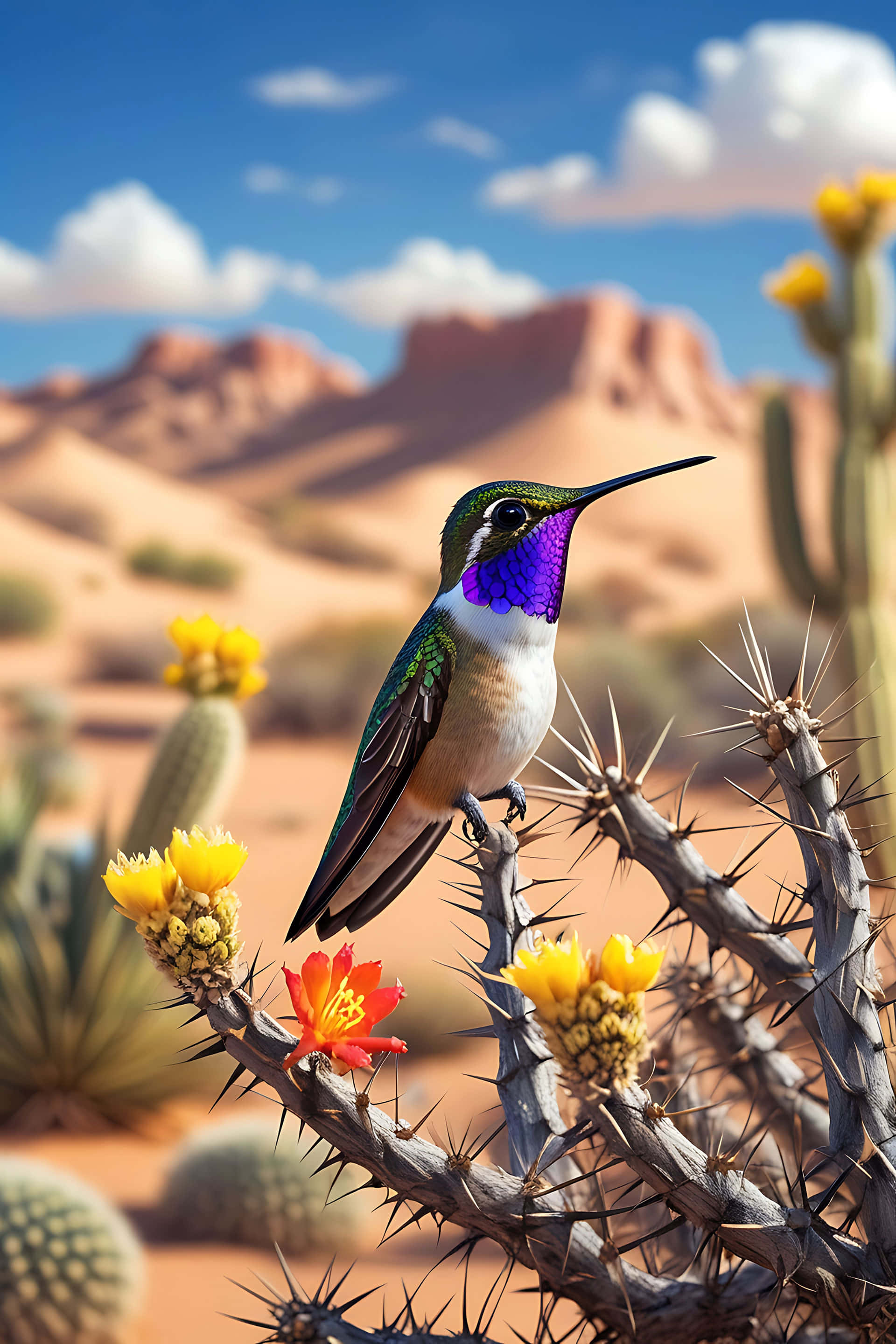 hummingbird, desert cactus, iridescent purple throat, 2K Phone Wallpaper