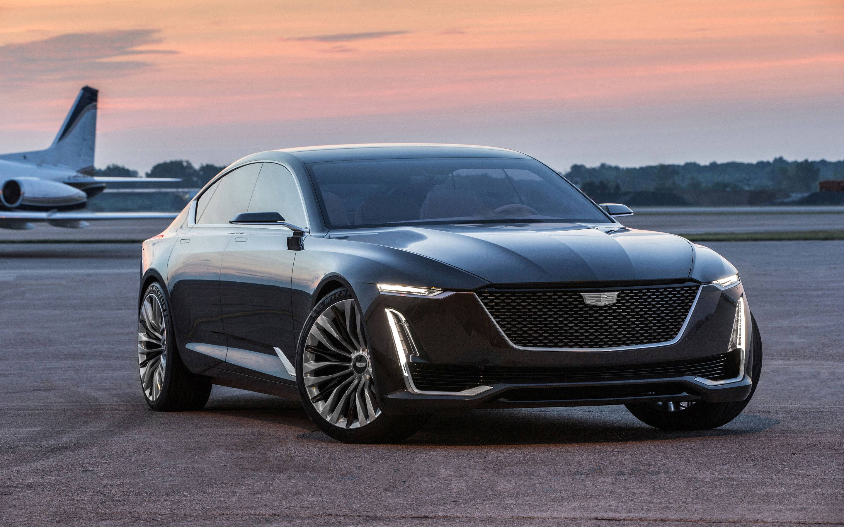 Cadillac CTS V, airport tarmac, sunset, 2K Desktop Wallpaper