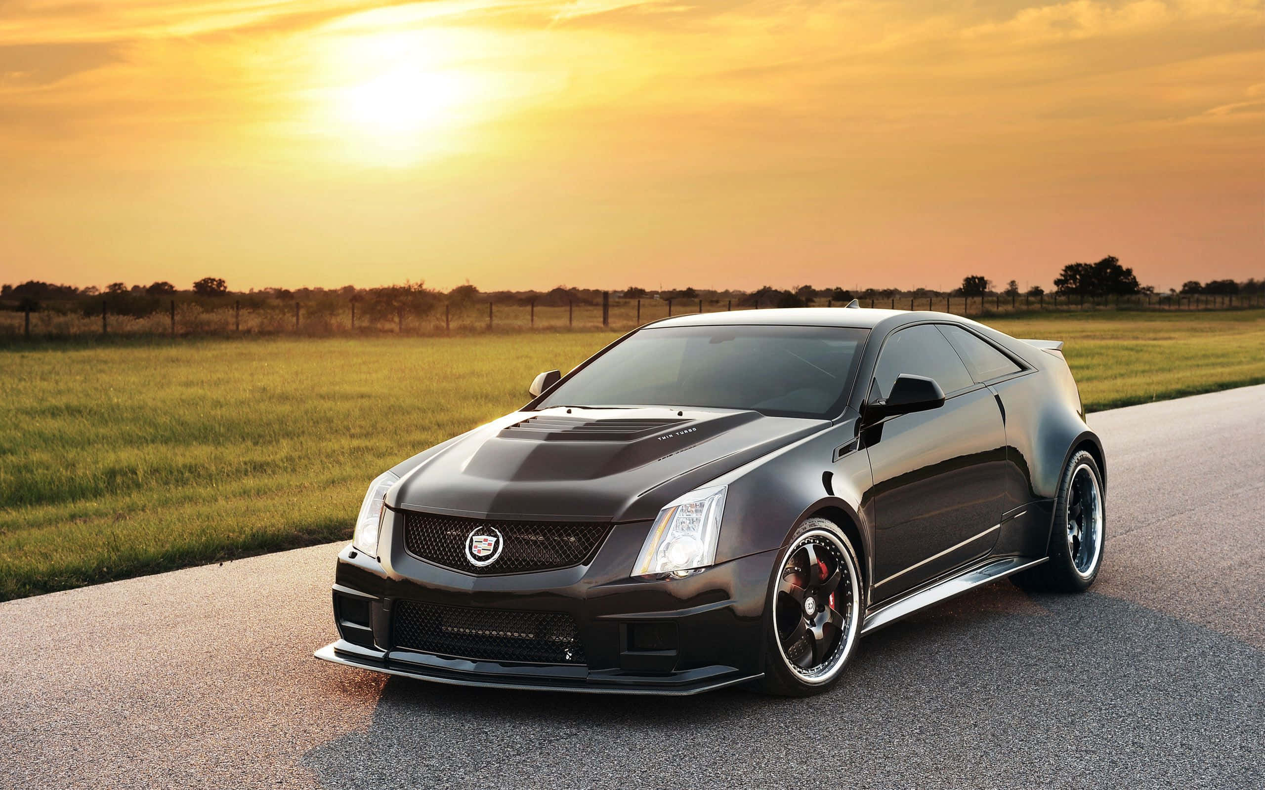 Cadillac CTS, black, rural road, 2K Desktop Wallpaper