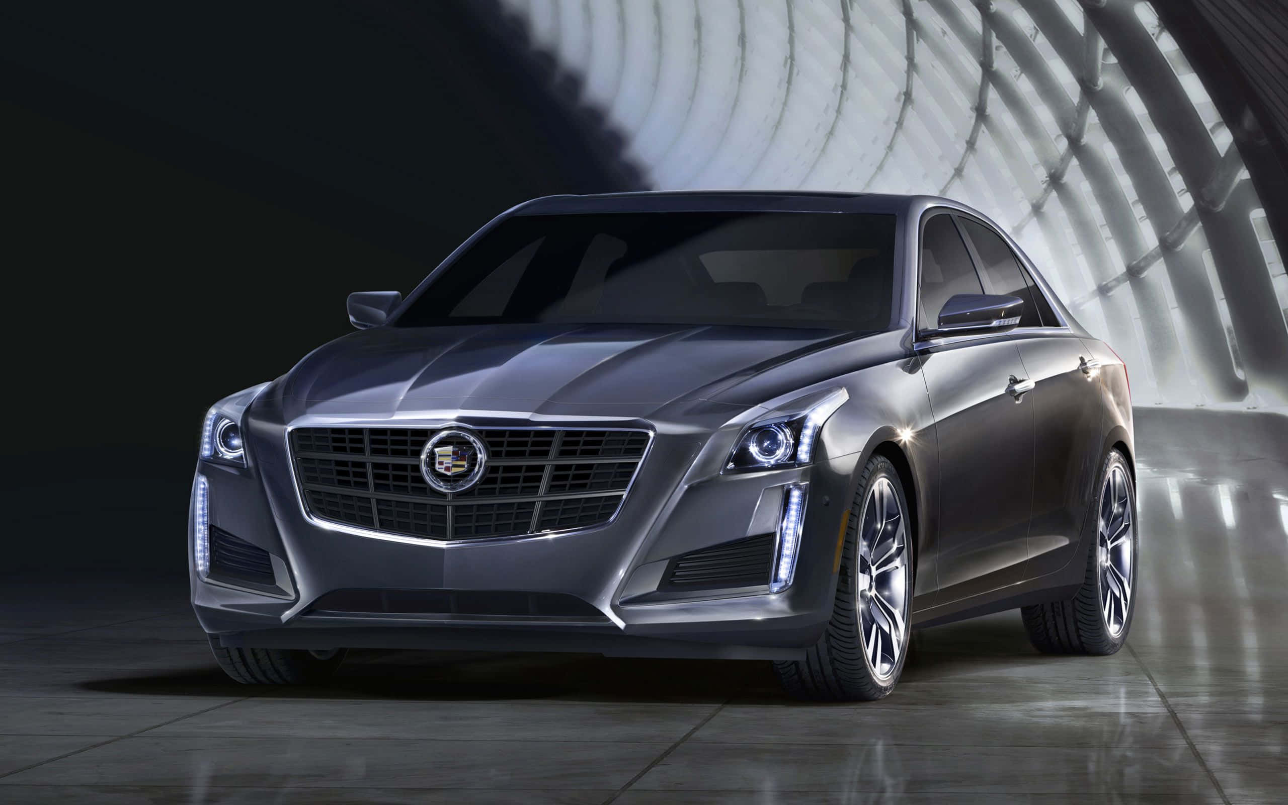 Cadillac CTS, silver, nighttime cityscape, 2K Desktop Wallpaper