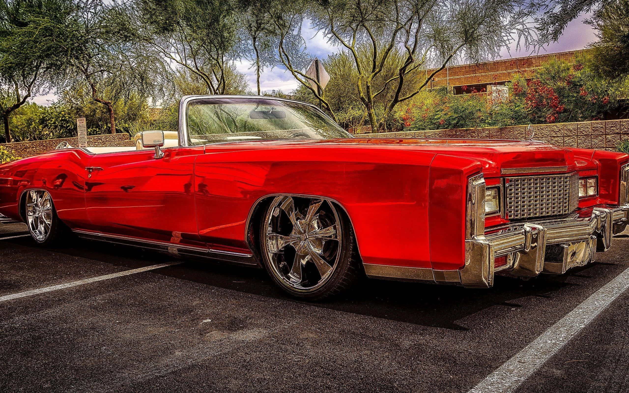 1967 Cadillac Eldorado, glossy red, chrome wheels, 2K Desktop Wallpaper
