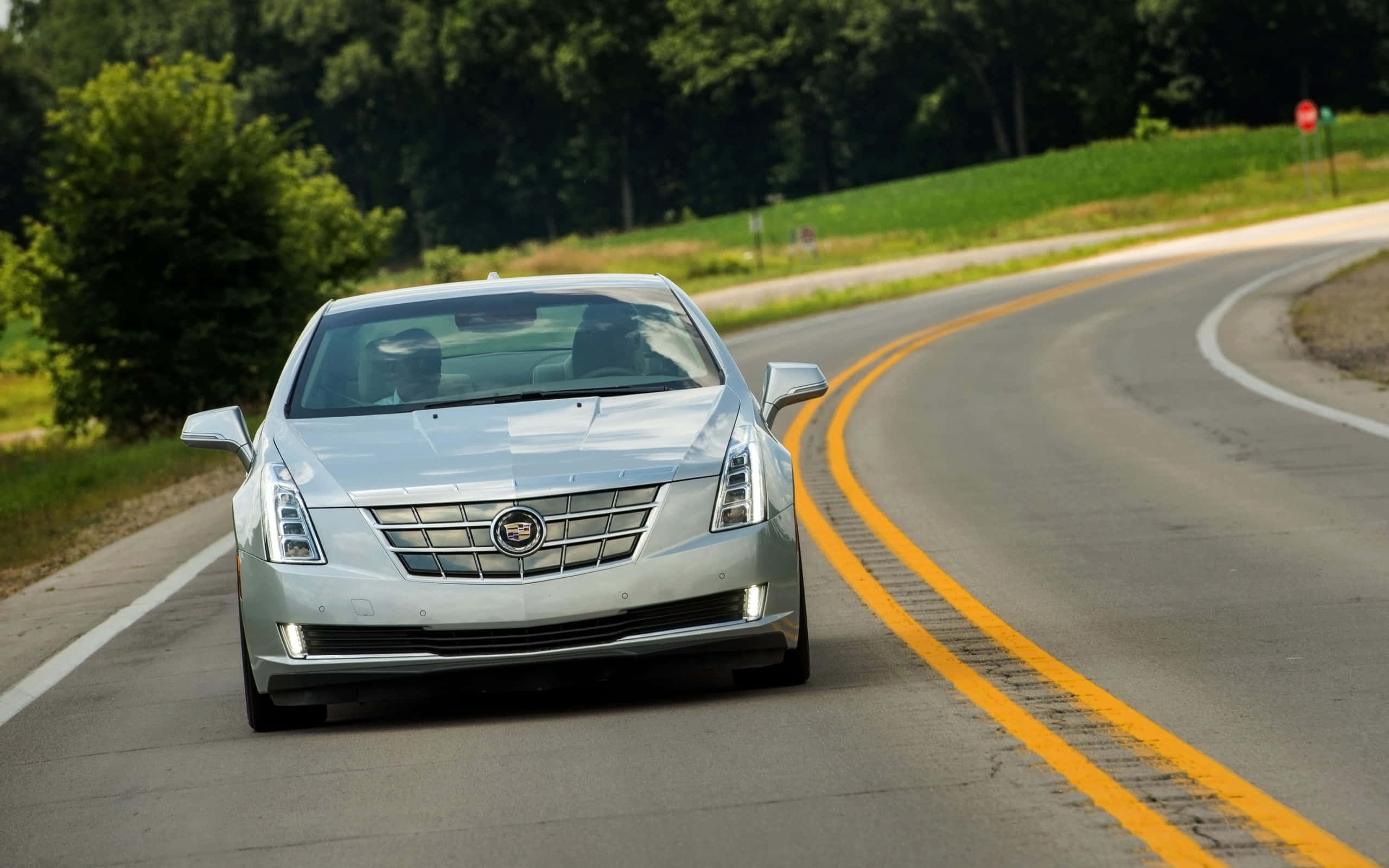 Cadillac ELR, silver, winding rural road, 2K Desktop Wallpaper