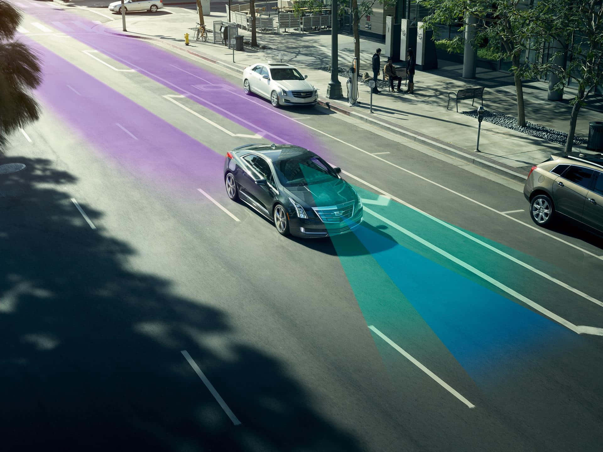 Cadillac ELR, silver, glowing purple and teal lane markings, Full HD Desktop Wallpaper