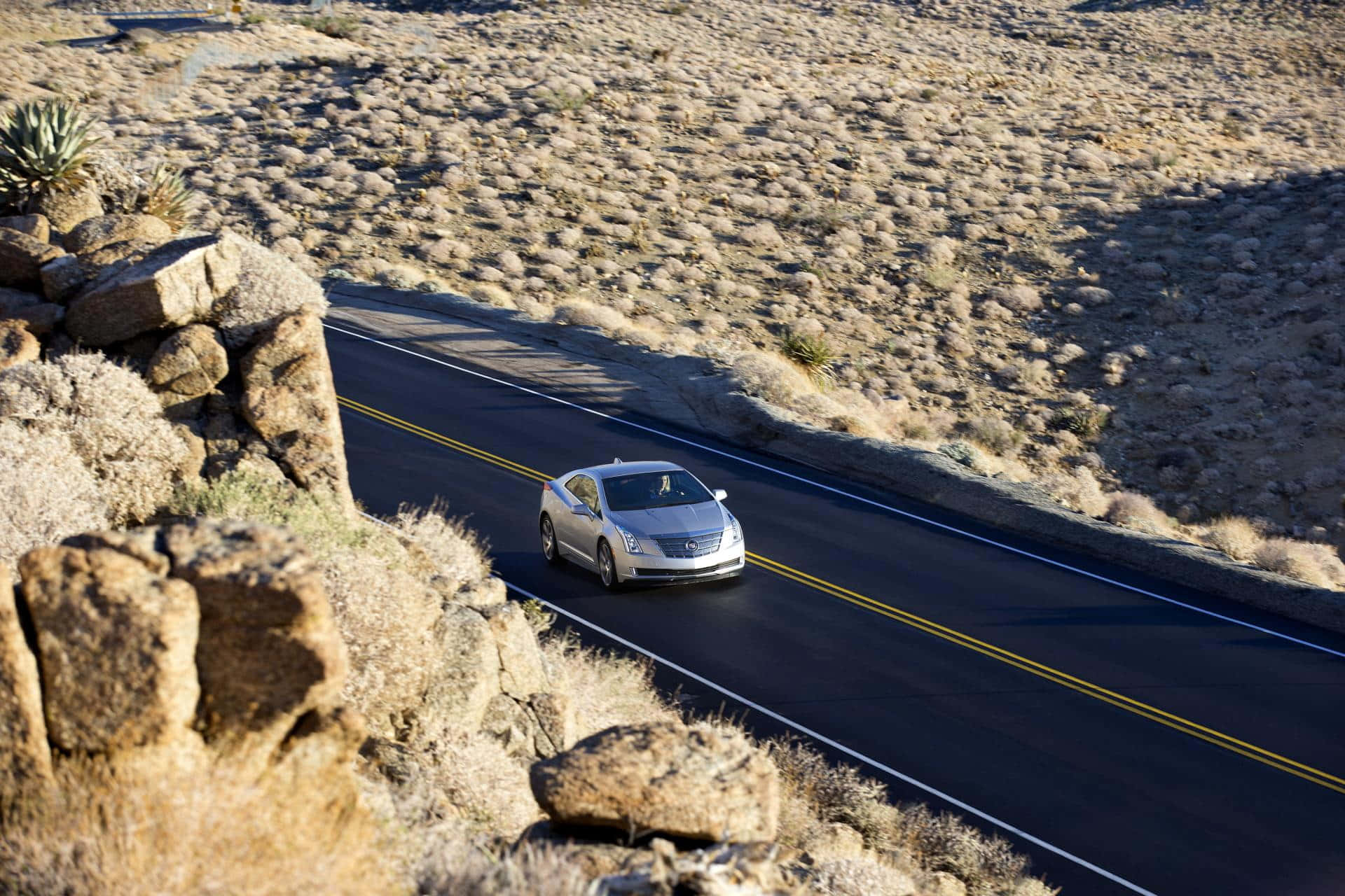 Cadillac ELR, silver sedan, winding desert road, Full HD Desktop Wallpaper