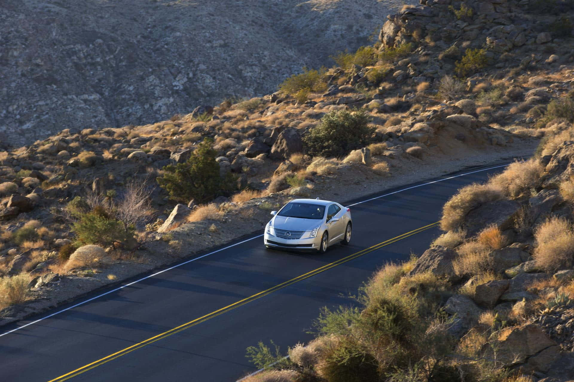 Cadillac ELR, silver, winding desert road, Full HD Desktop Wallpaper