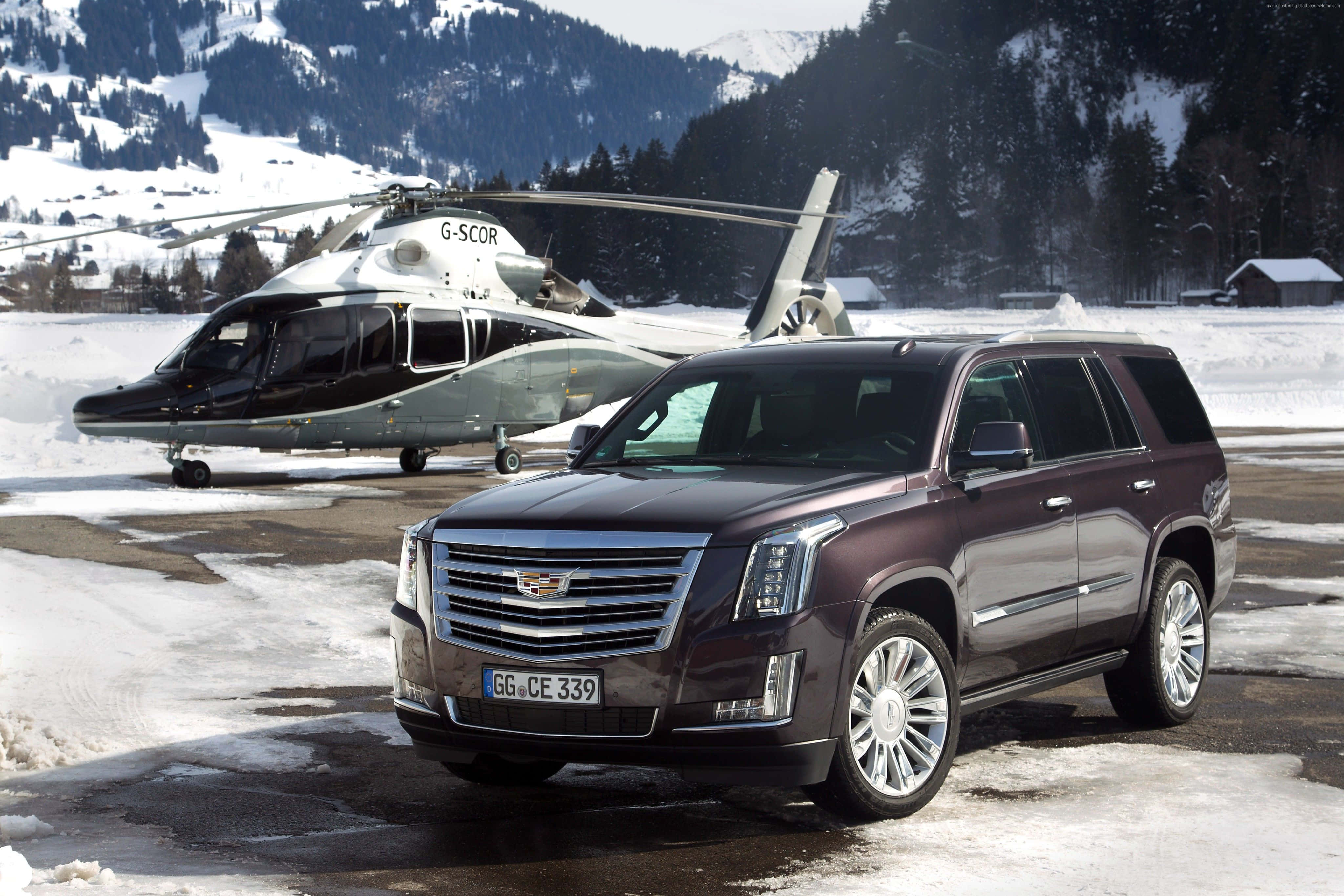 Cadillac Escalade, maroon, snowy tarmac, 4K Desktop Wallpaper