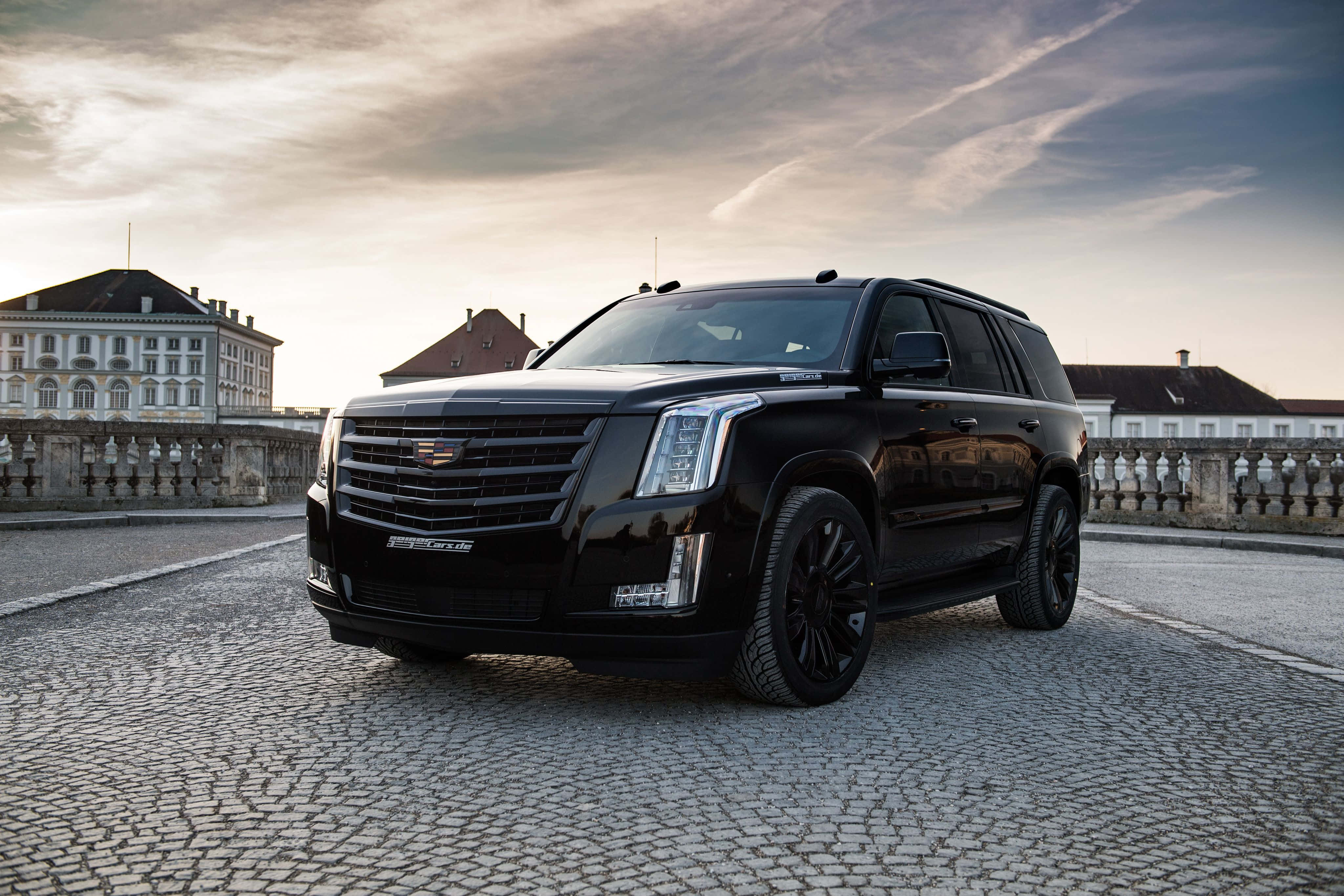 Cadillac Escalade, black, cobblestone terrace, 4K Desktop Wallpaper