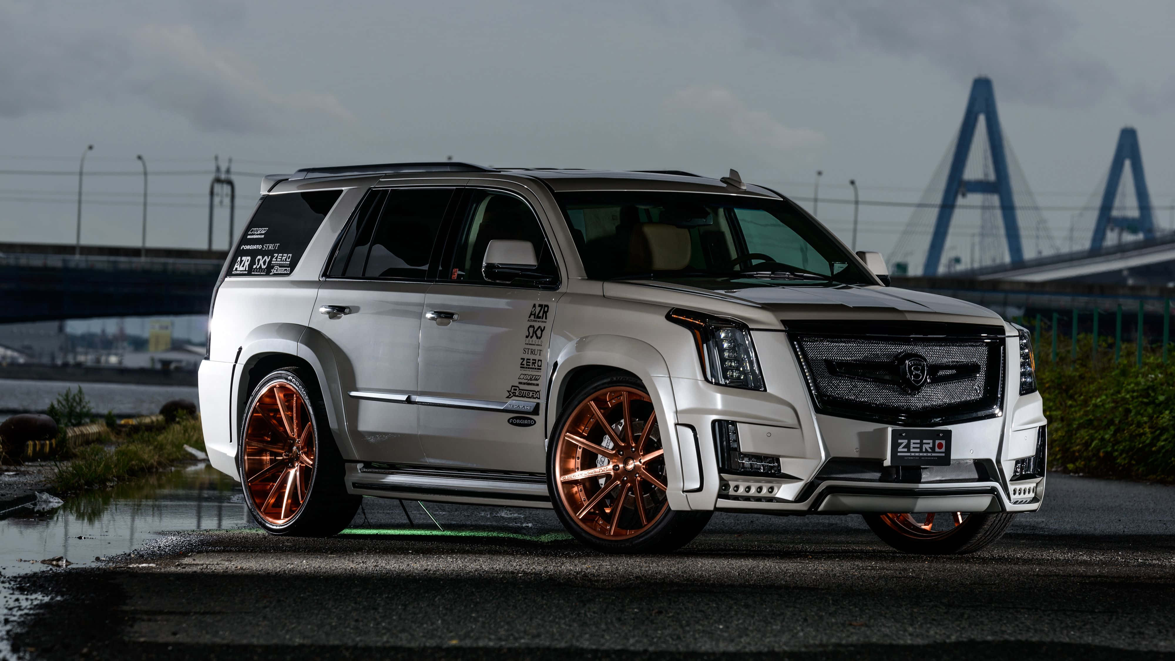 Cadillac Escalade, silver, copper wheels, 4K Desktop Wallpaper
