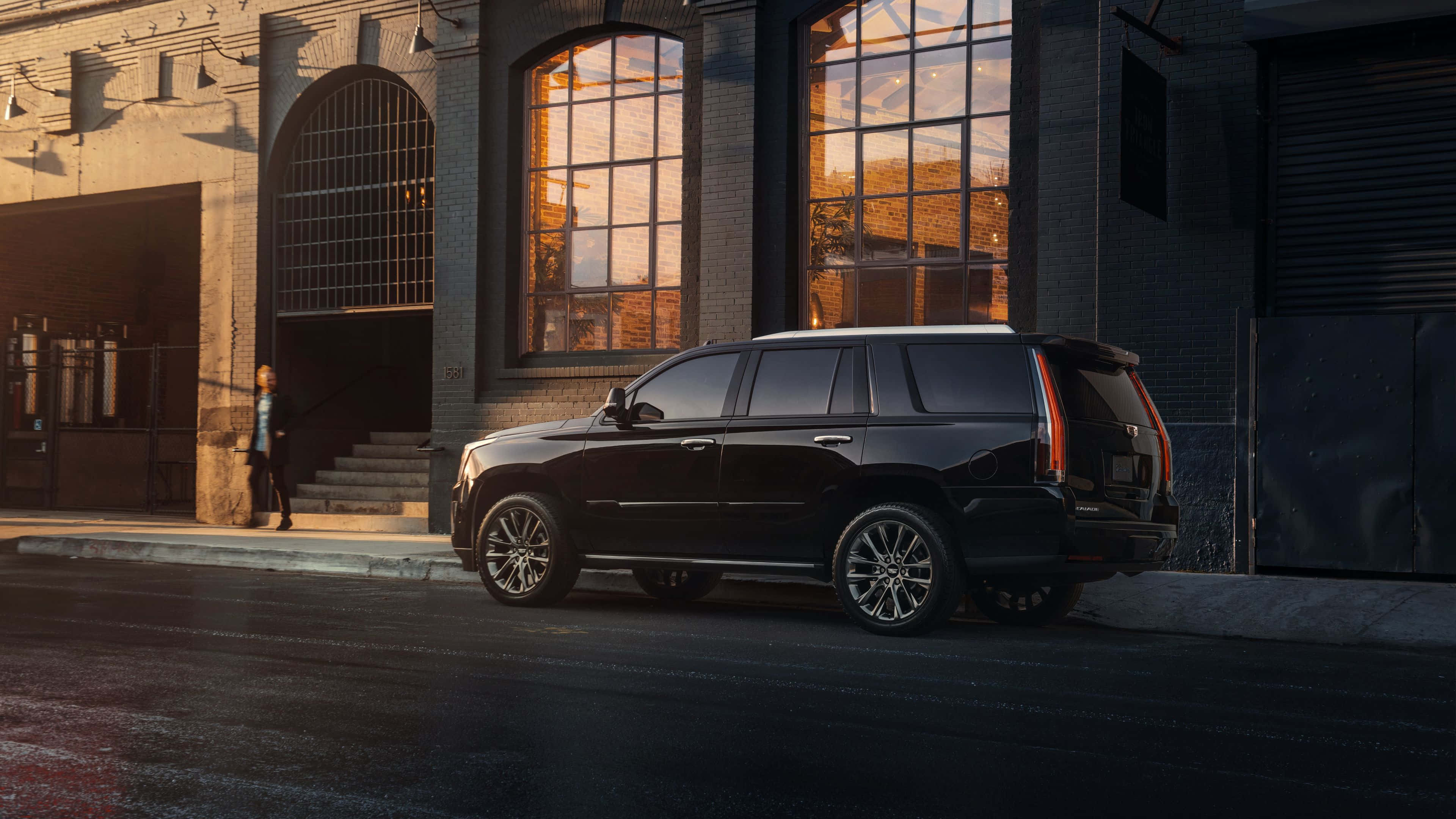 Cadillac Escalade, black, wet city street, 4K Desktop Wallpaper
