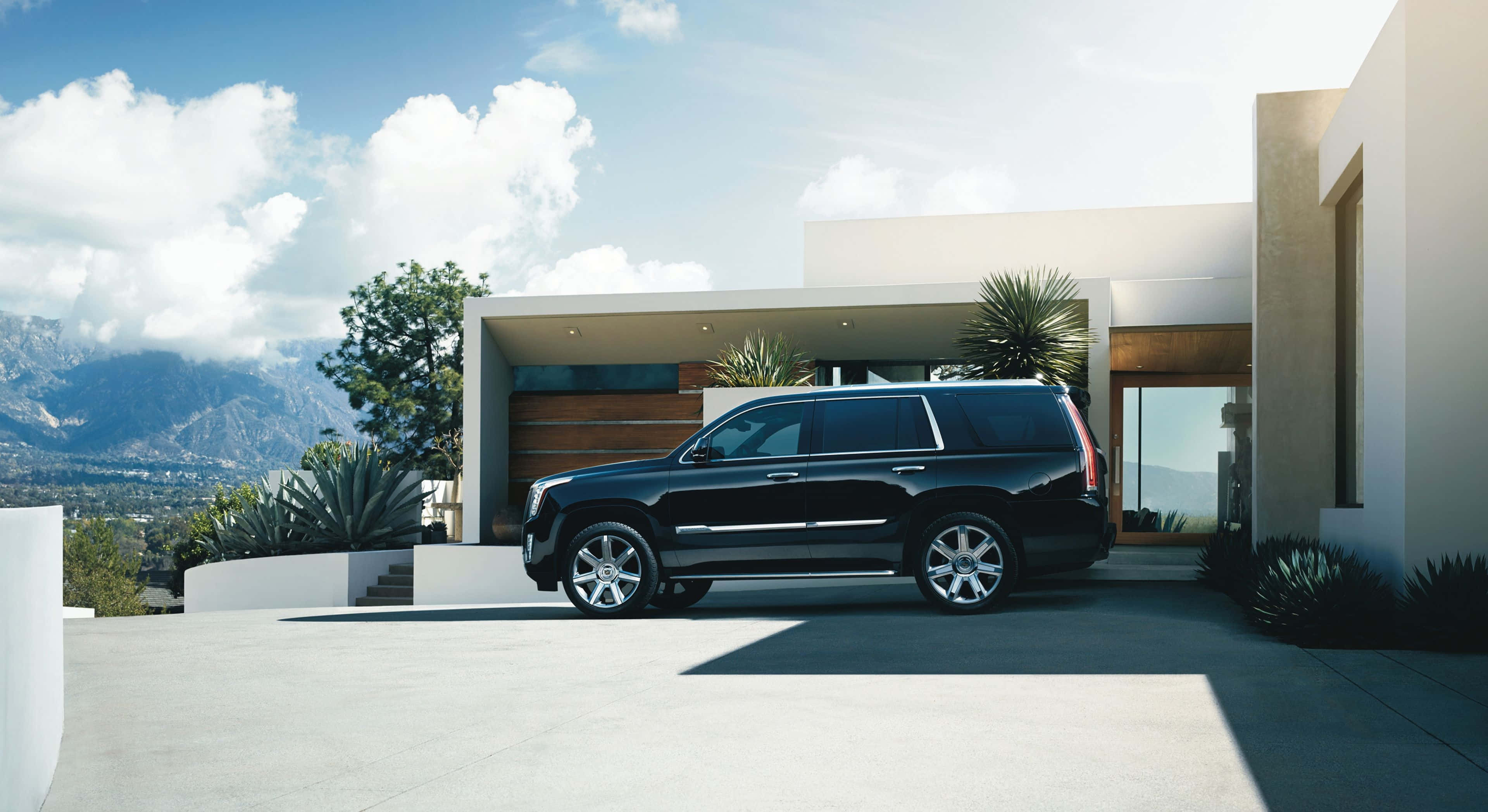 Cadillac Escalade, black, modern white house, 2K Desktop Wallpaper