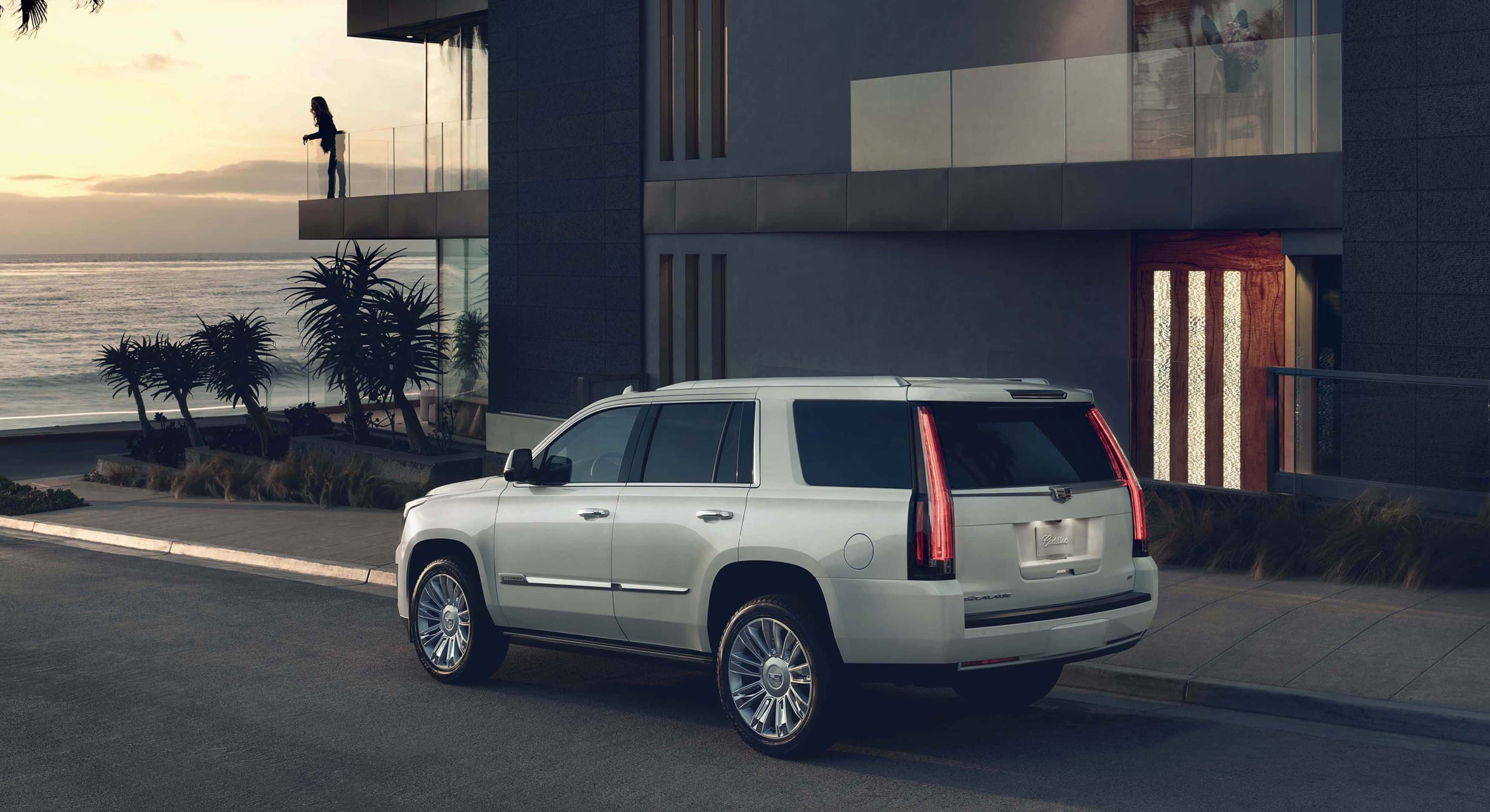 Cadillac Escalade, white, sunset, 2K Desktop Wallpaper