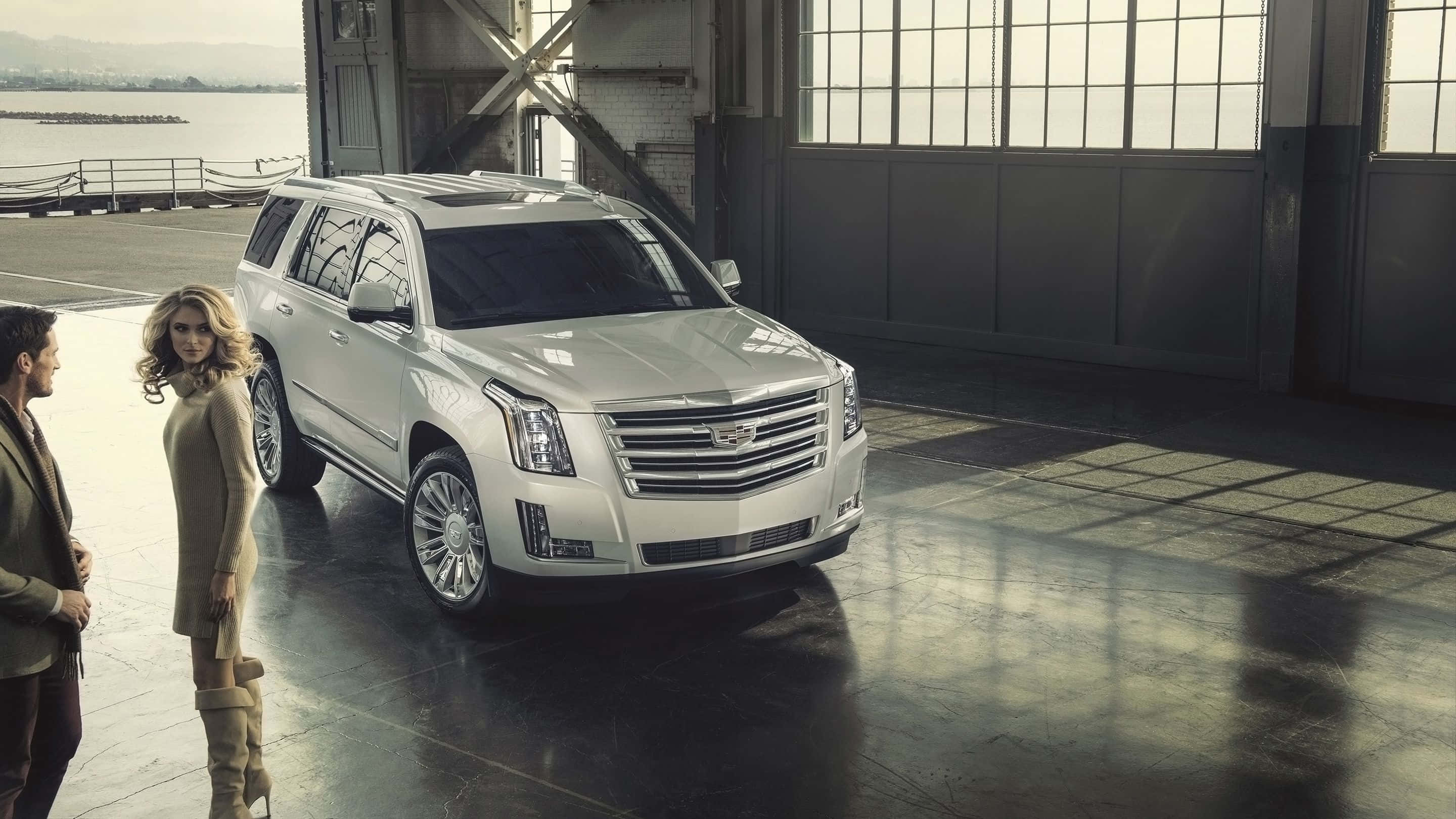 Cadillac Escalade, white, industrial hangar, 2K Desktop Wallpaper