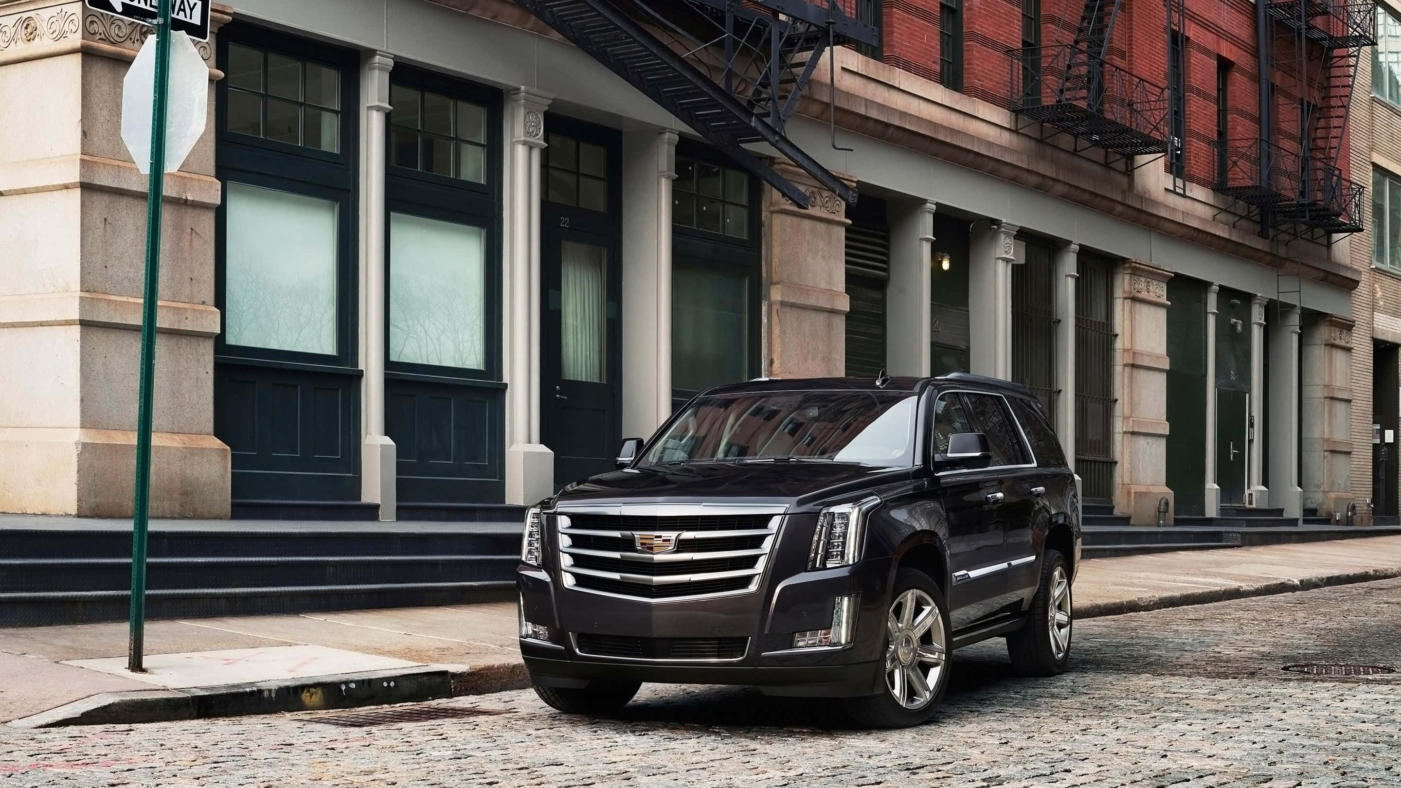 Cadillac Escalade, black, cobblestone street, 2K Desktop Wallpaper