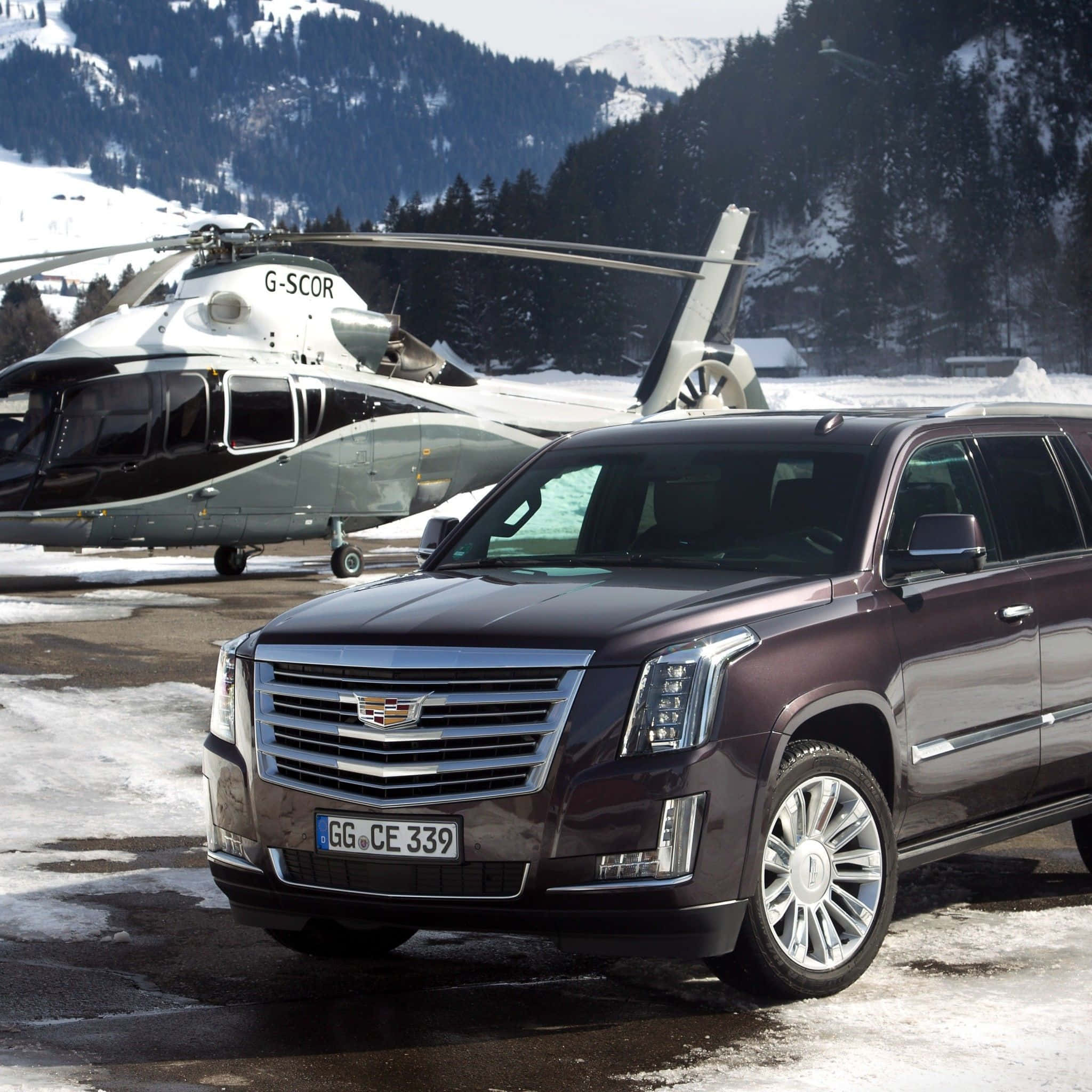 Cadillac Escalade, maroon, snowy mountain helipad, Full HD Desktop Wallpaper