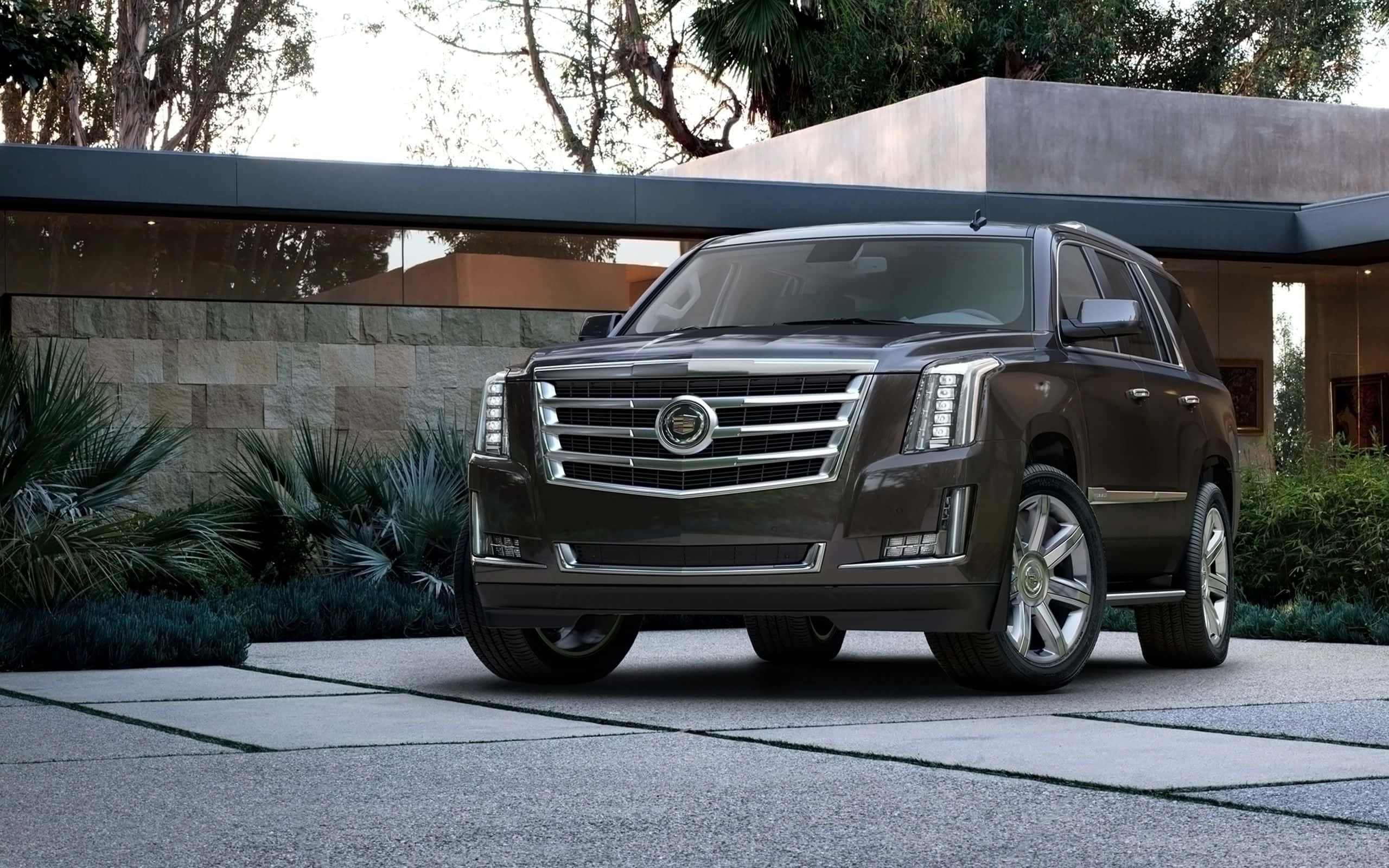 Cadillac Escalade, dark brown, modern stone driveway, 2K Desktop Wallpaper