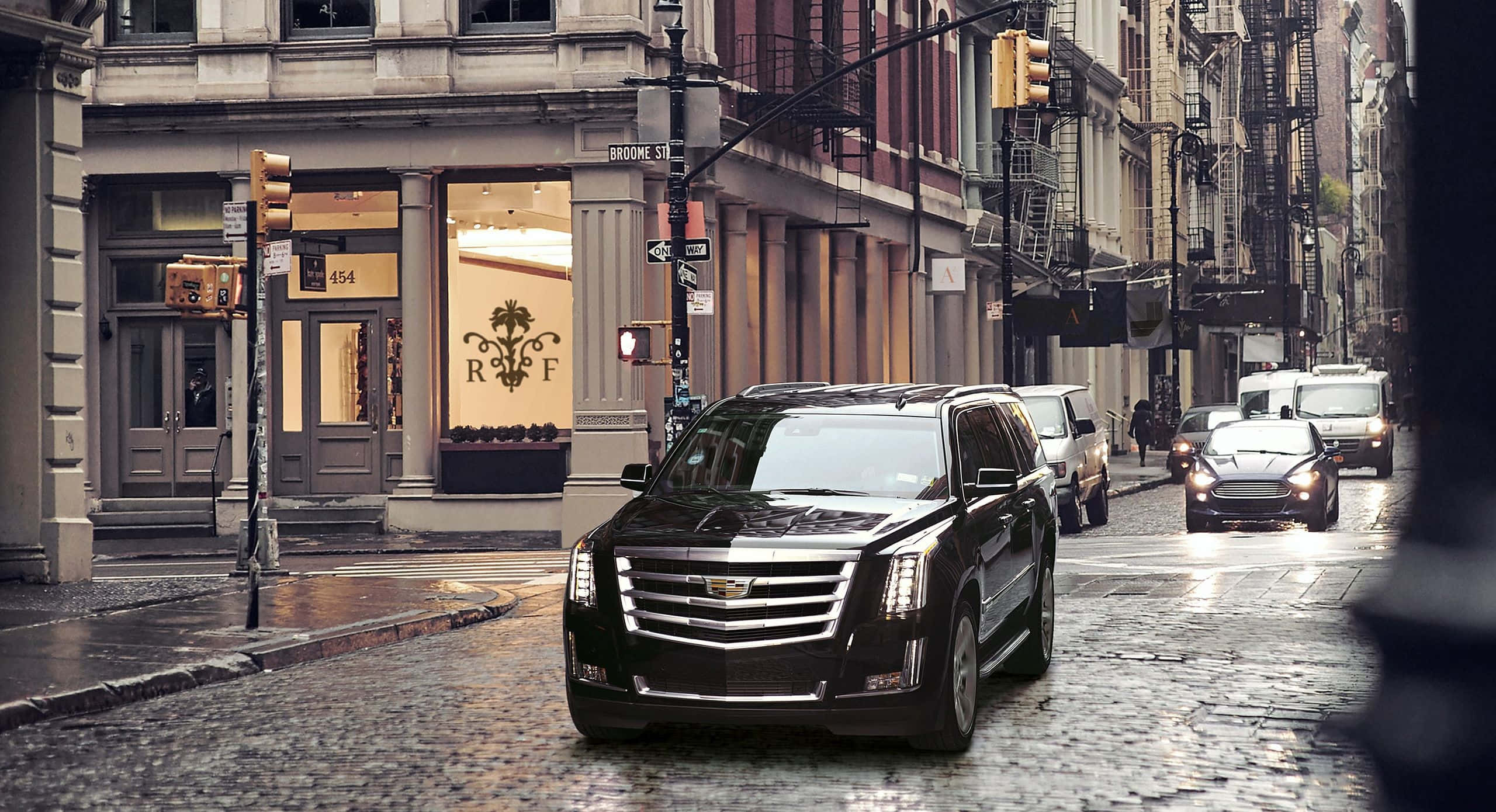 Cadillac Escalade, black, wet cobblestone street, 2K Desktop Wallpaper