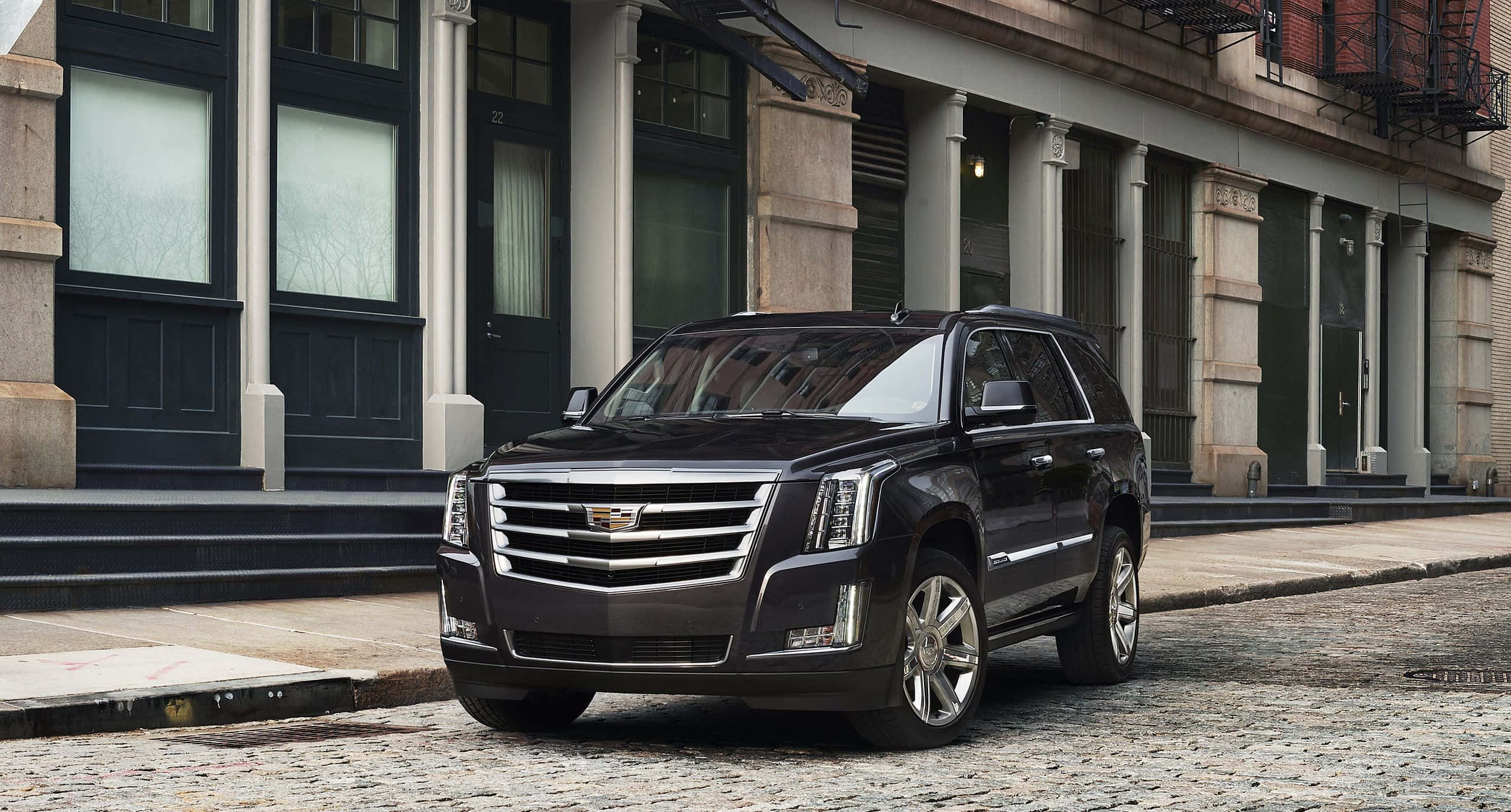 Cadillac Escalade, black, cobblestone street, Full HD Desktop Wallpaper