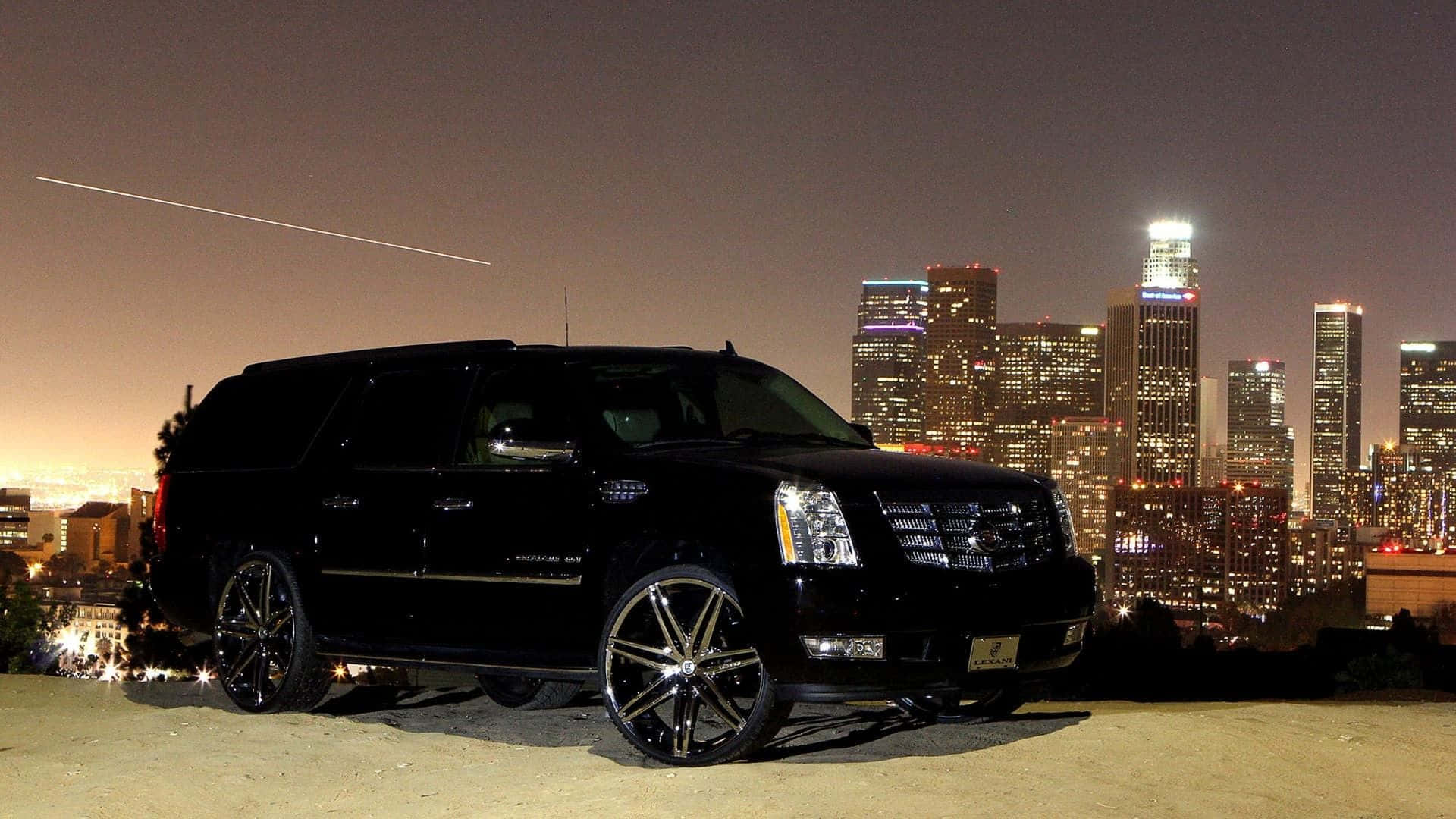 Cadillac Escalade, black, nighttime cityscape, Full HD Desktop Wallpaper