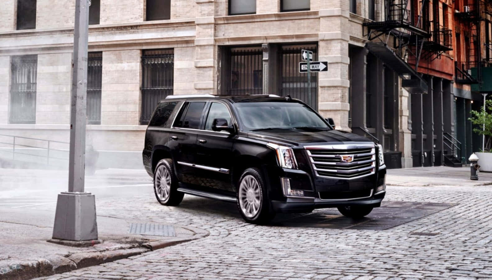 Cadillac Escalade, black, wet cobblestone street, HD Desktop Wallpaper