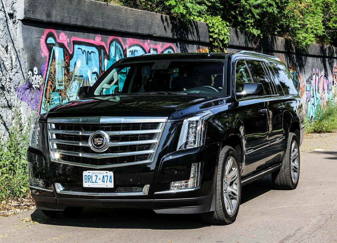 Cadillac Escalade, black, graffiti-covered wall, HD Desktop Wallpaper