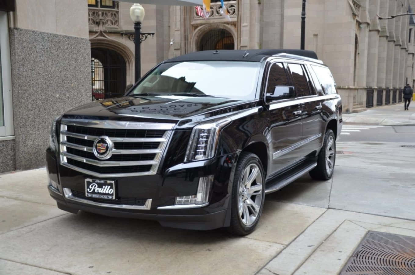 Cadillac Escalade, glossy black, city sidewalk, HD Desktop Wallpaper
