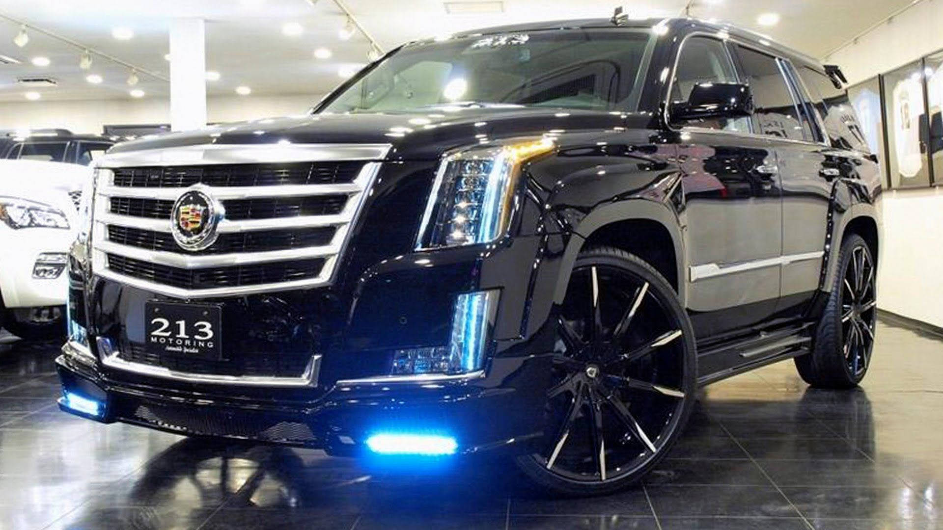Cadillac Escalade, glossy black, custom wheels, Full HD Desktop Wallpaper