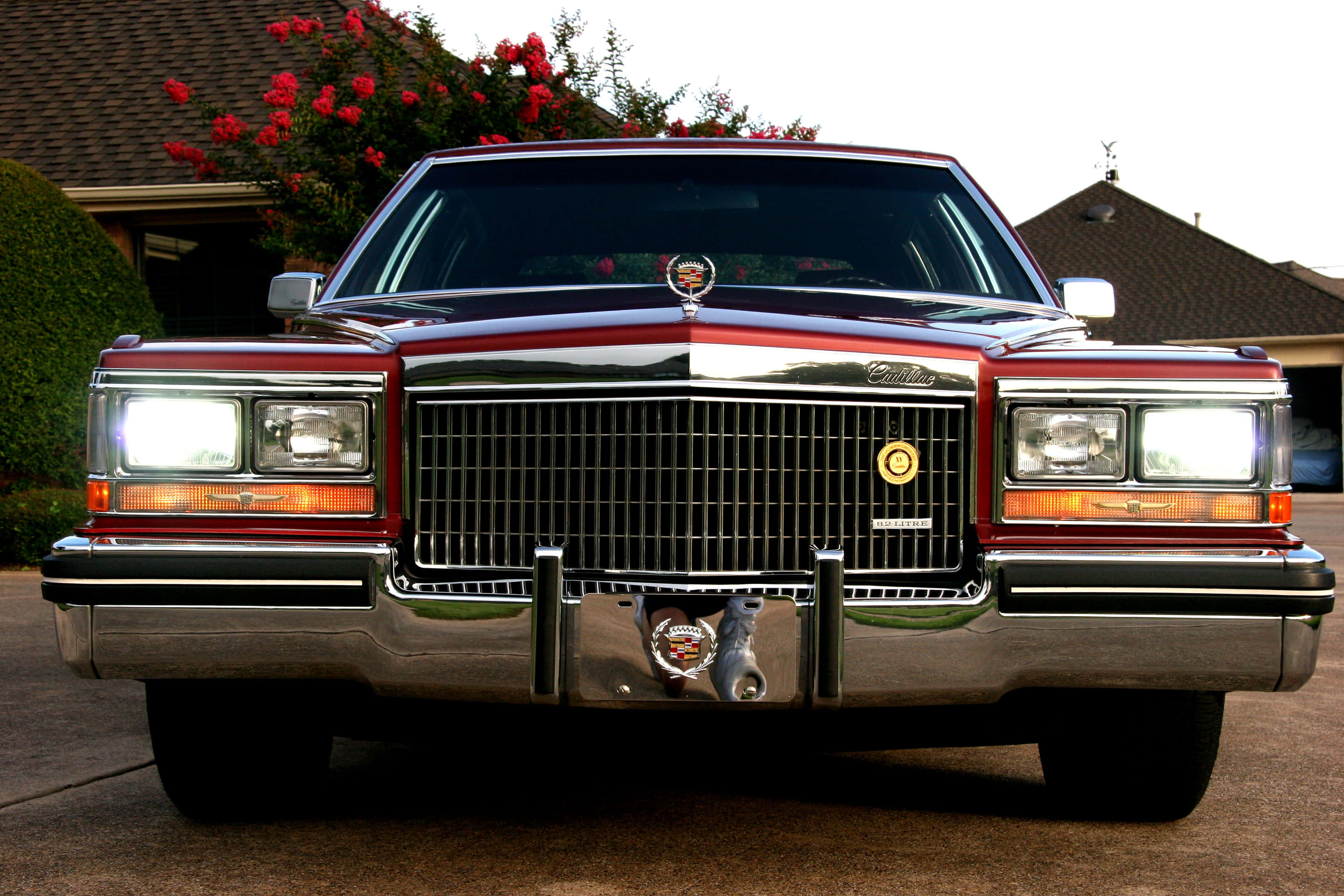 Cadillac Fleetwood, glossy red, chrome grille, 2K Desktop Wallpaper