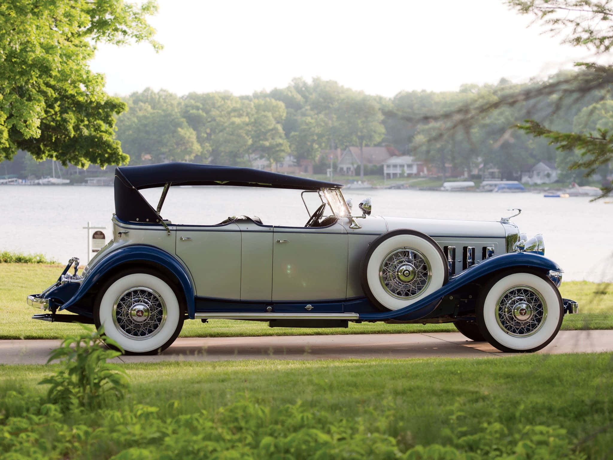 Cadillac Fleetwood, vintage silver and blue convertible, white wall tires, Full HD Desktop Wallpaper