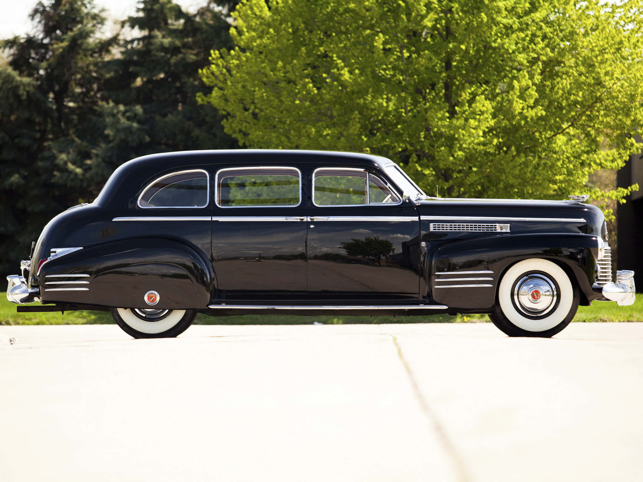 Cadillac Fleetwood, glossy black, white wall tires, Full HD Desktop Wallpaper