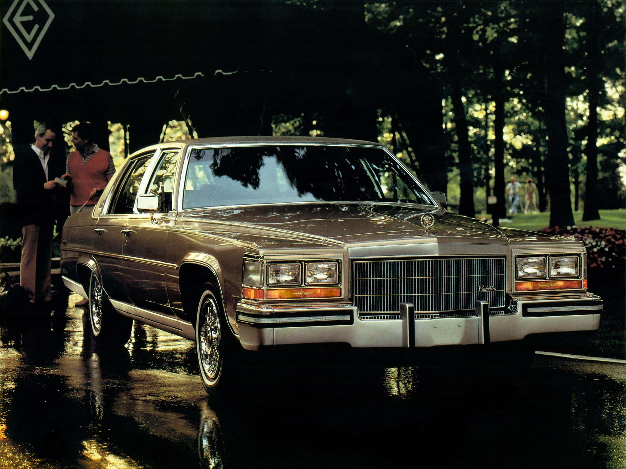 Cadillac Fleetwood, gold, wet pavement, Full HD Desktop Wallpaper