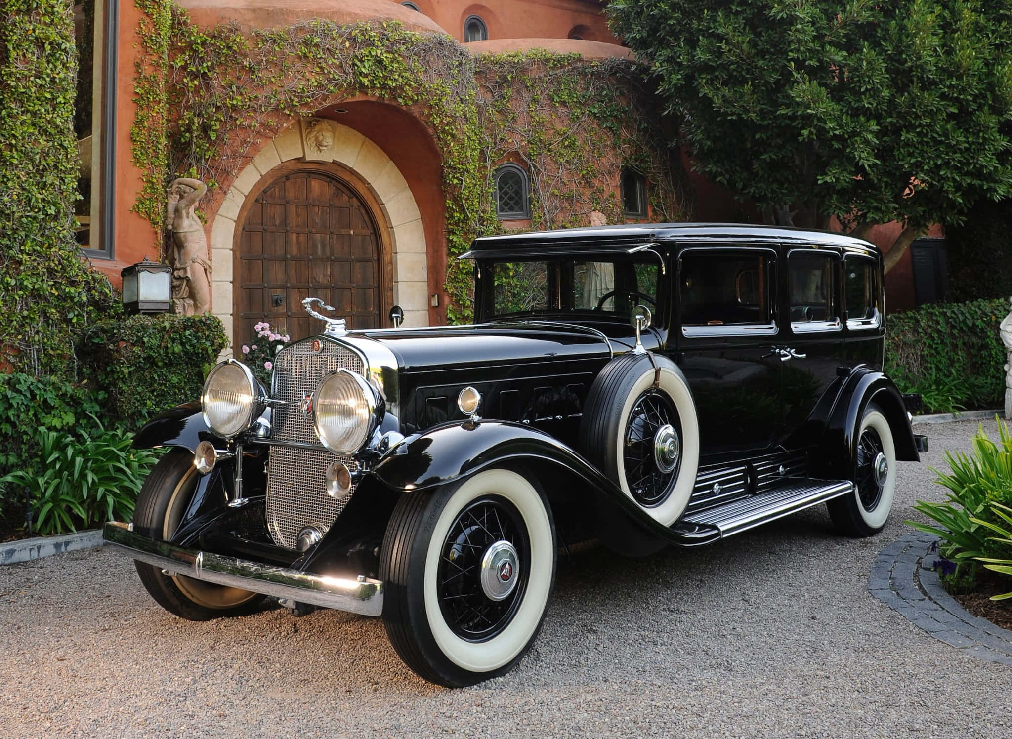 Cadillac Fleetwood, glossy black, white wall tires, Full HD Desktop Wallpaper