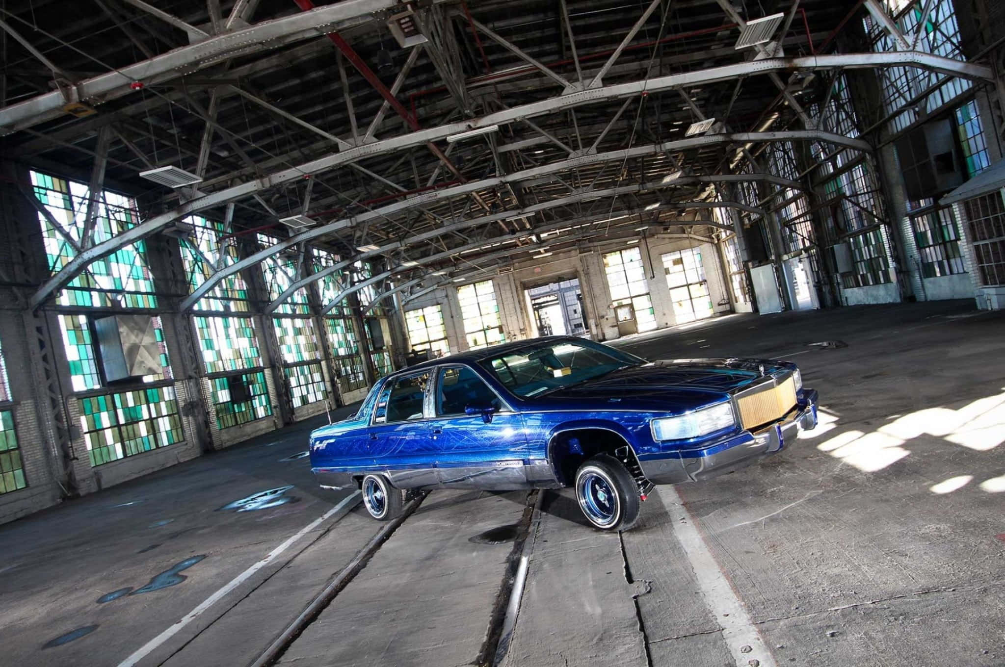 Cadillac Fleetwood, glossy blue, abandoned industrial warehouse, Full HD Desktop Wallpaper