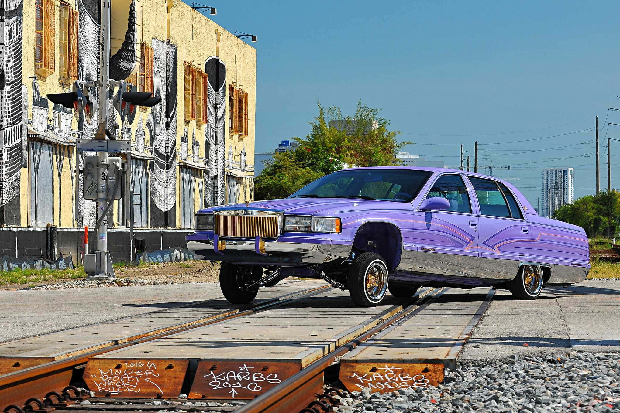 Cadillac Fleetwood, vibrant purple, gold rims, Full HD Desktop Wallpaper