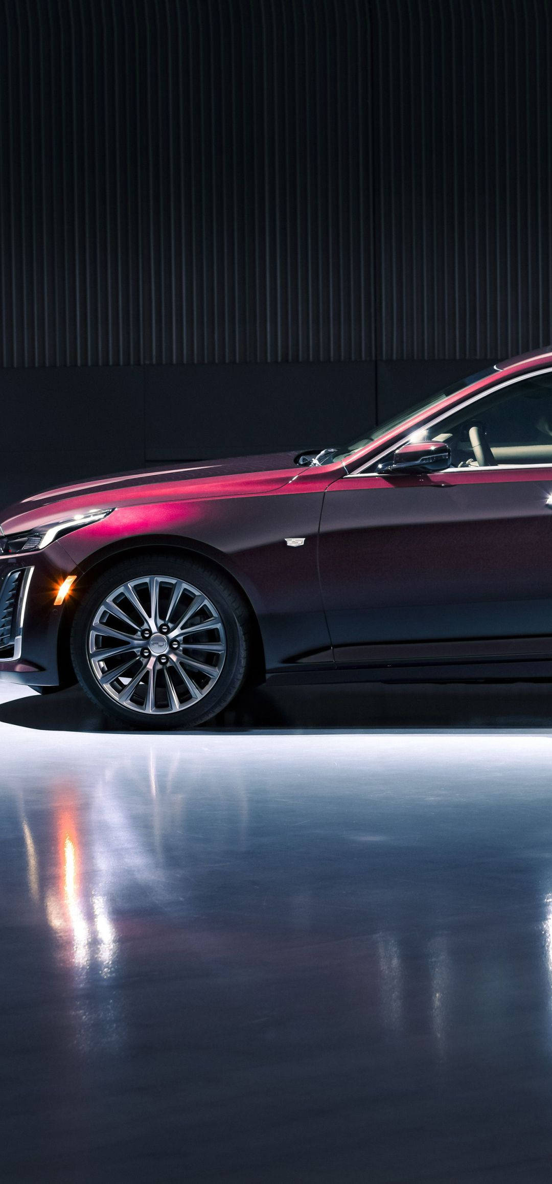 shiny red cadillac, maroon luxury sedan, studio lights, Full HD Phone Wallpaper