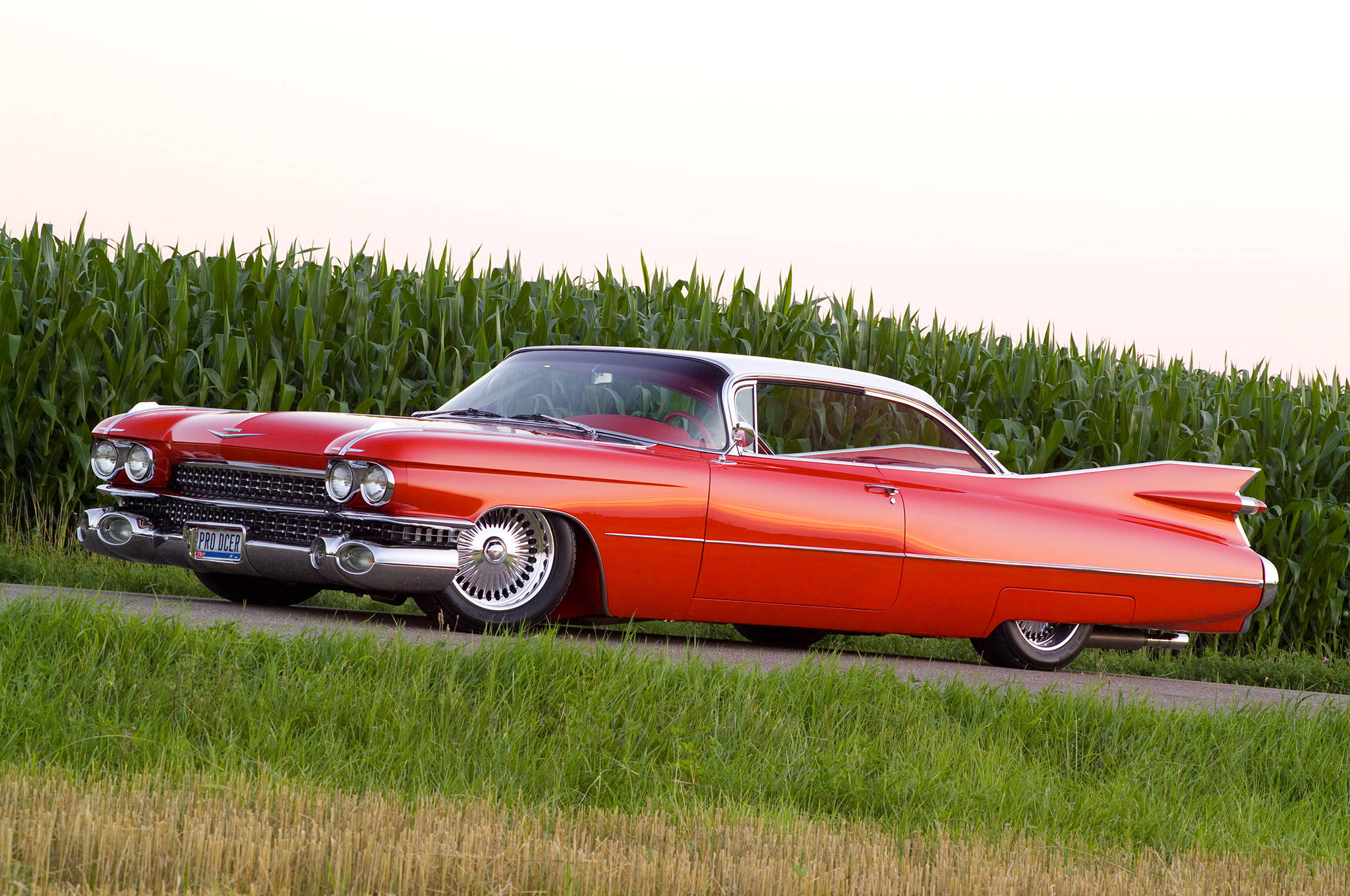 Red Cadillac, vintage car, chrome details, Full HD Desktop Wallpaper