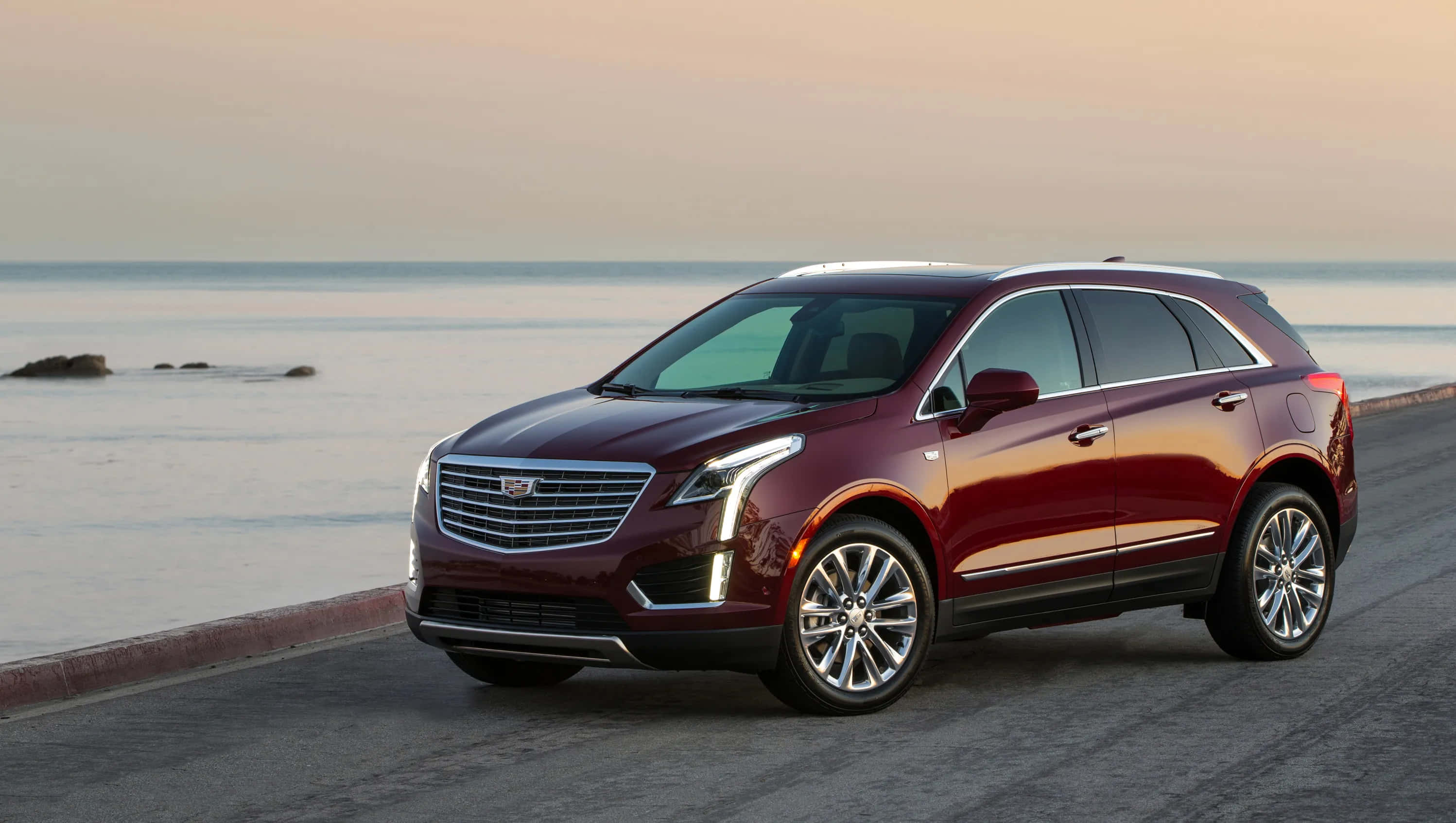 Cadillac XT5, glossy maroon, coastal road, 2K Desktop Wallpaper