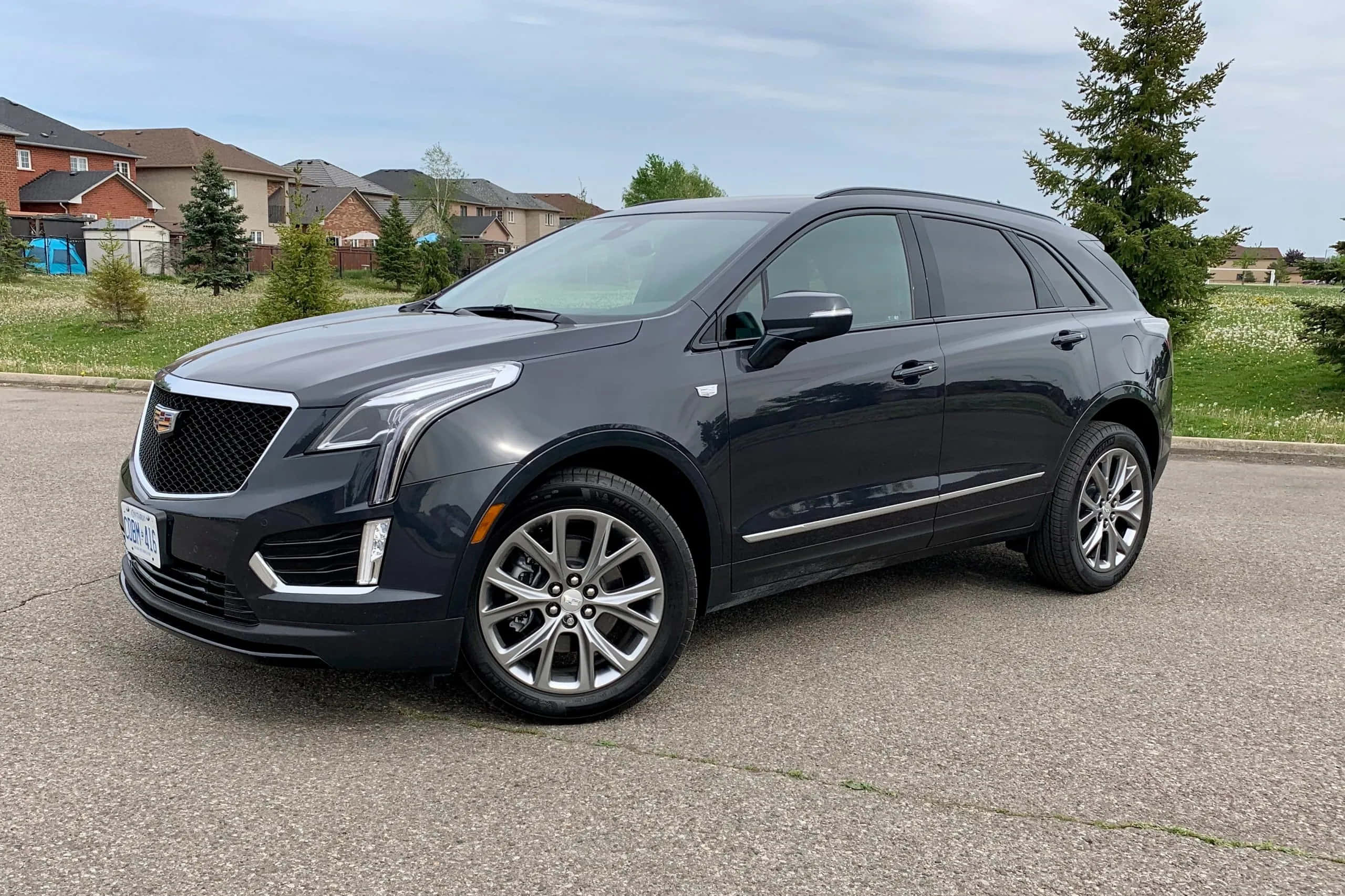 Cadillac XT5, dark gray, suburban street, 2K Desktop Wallpaper