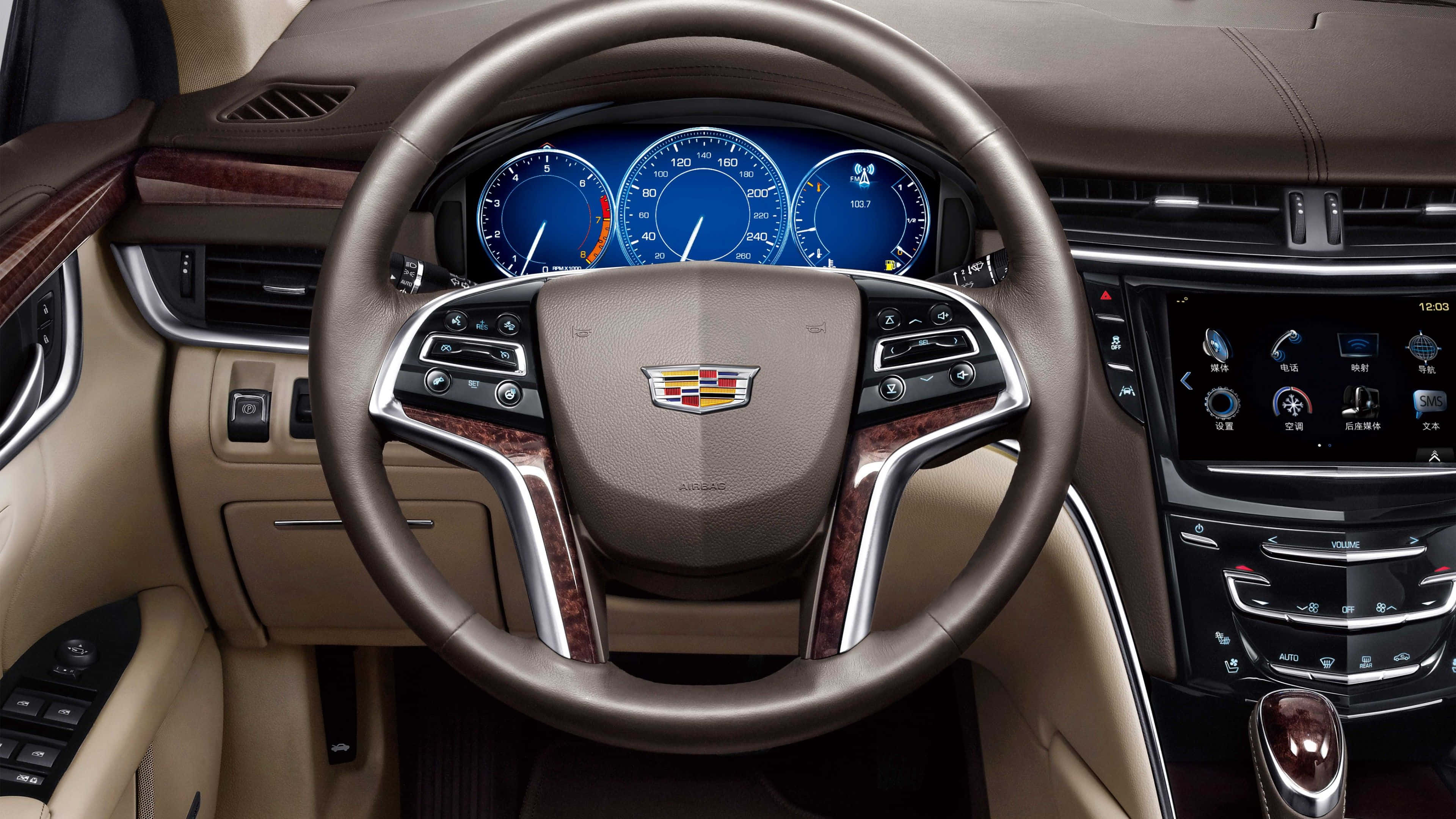 Cadillac XTS, brown leather steering wheel, wood trim, 4K Desktop Wallpaper