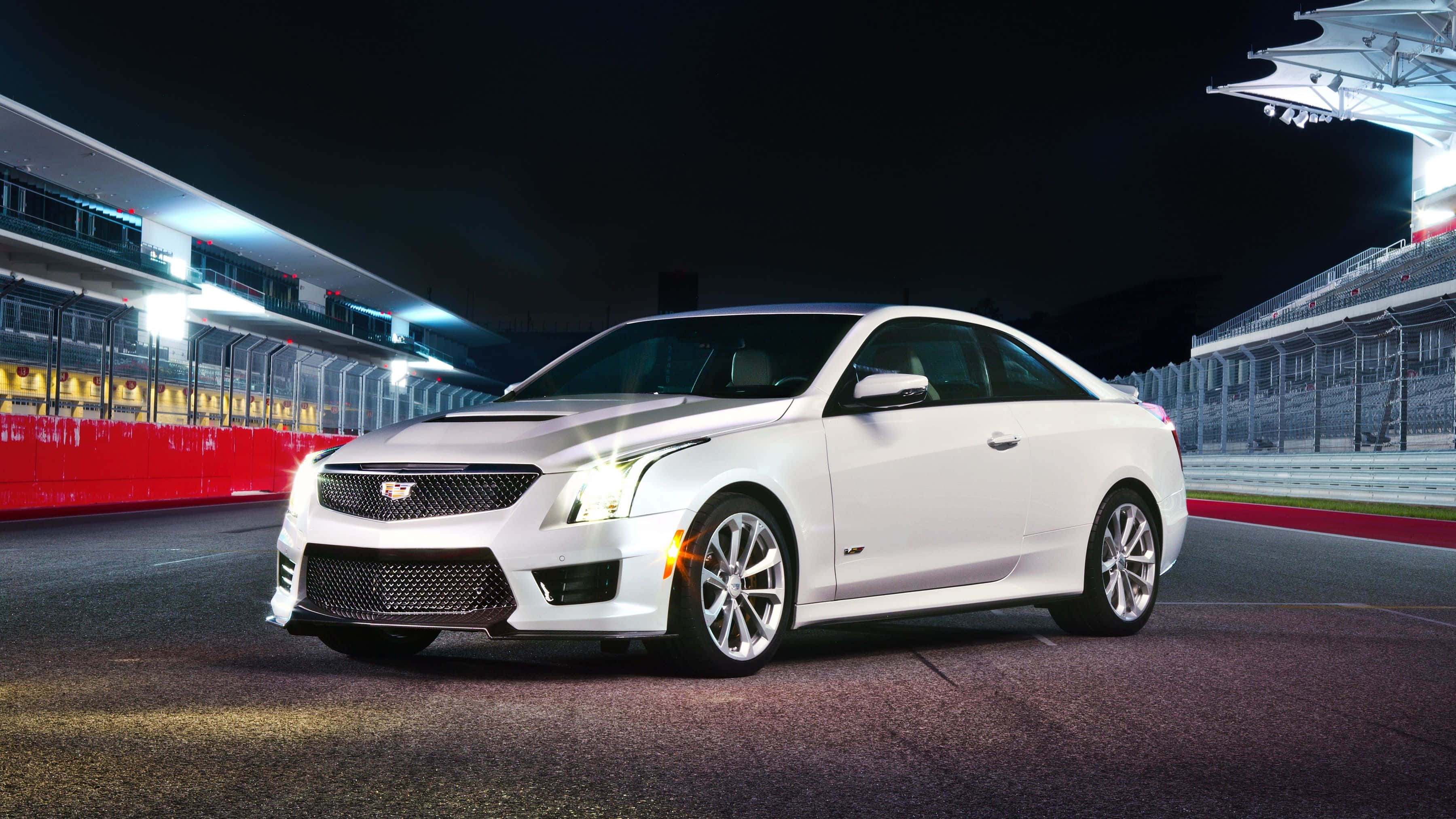 Cadillac XTS, white, nighttime racetrack, 2K Desktop Wallpaper