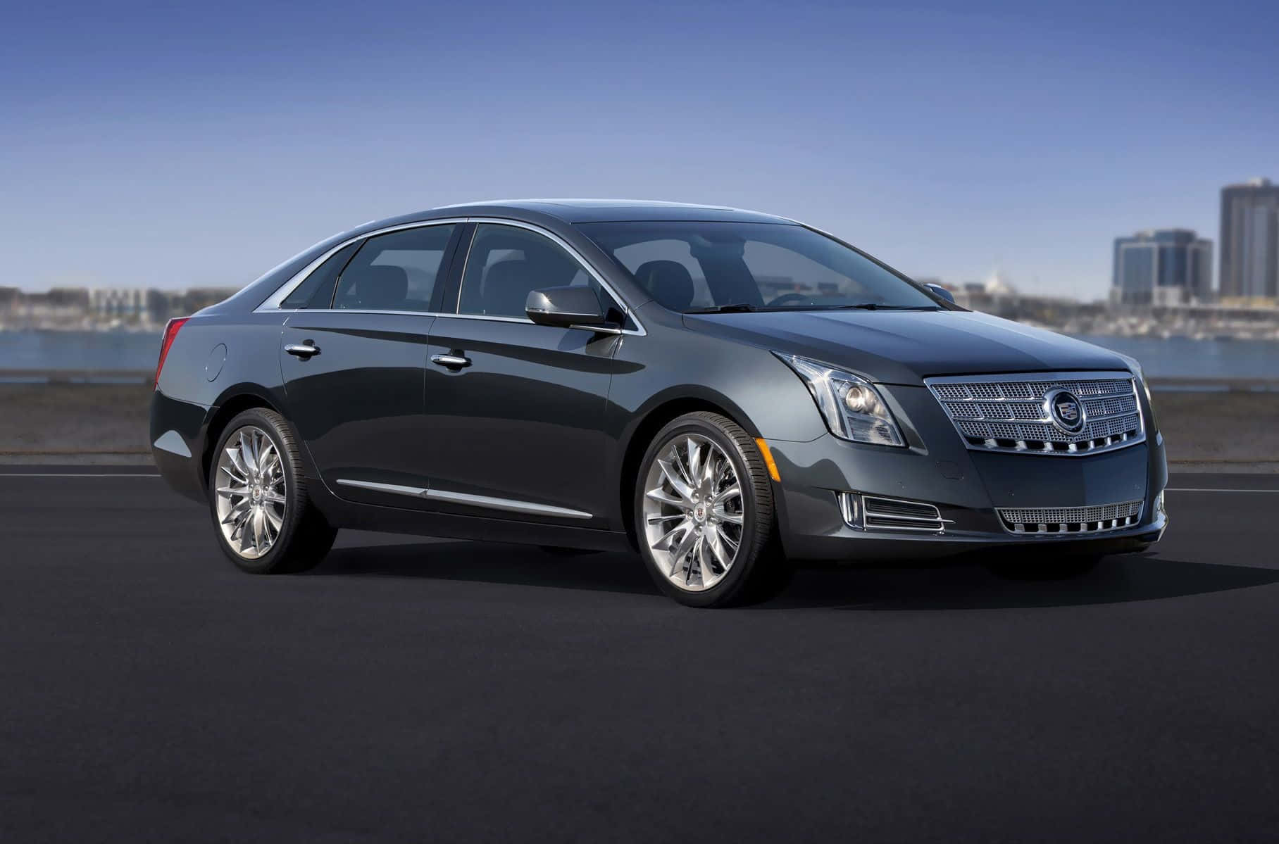 Cadillac XTS, dark gray, city skyline, HD Desktop Wallpaper