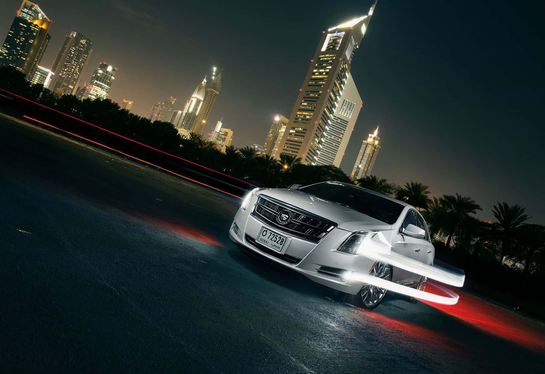 Cadillac XTS, silver, nighttime cityscape, HD Desktop Wallpaper