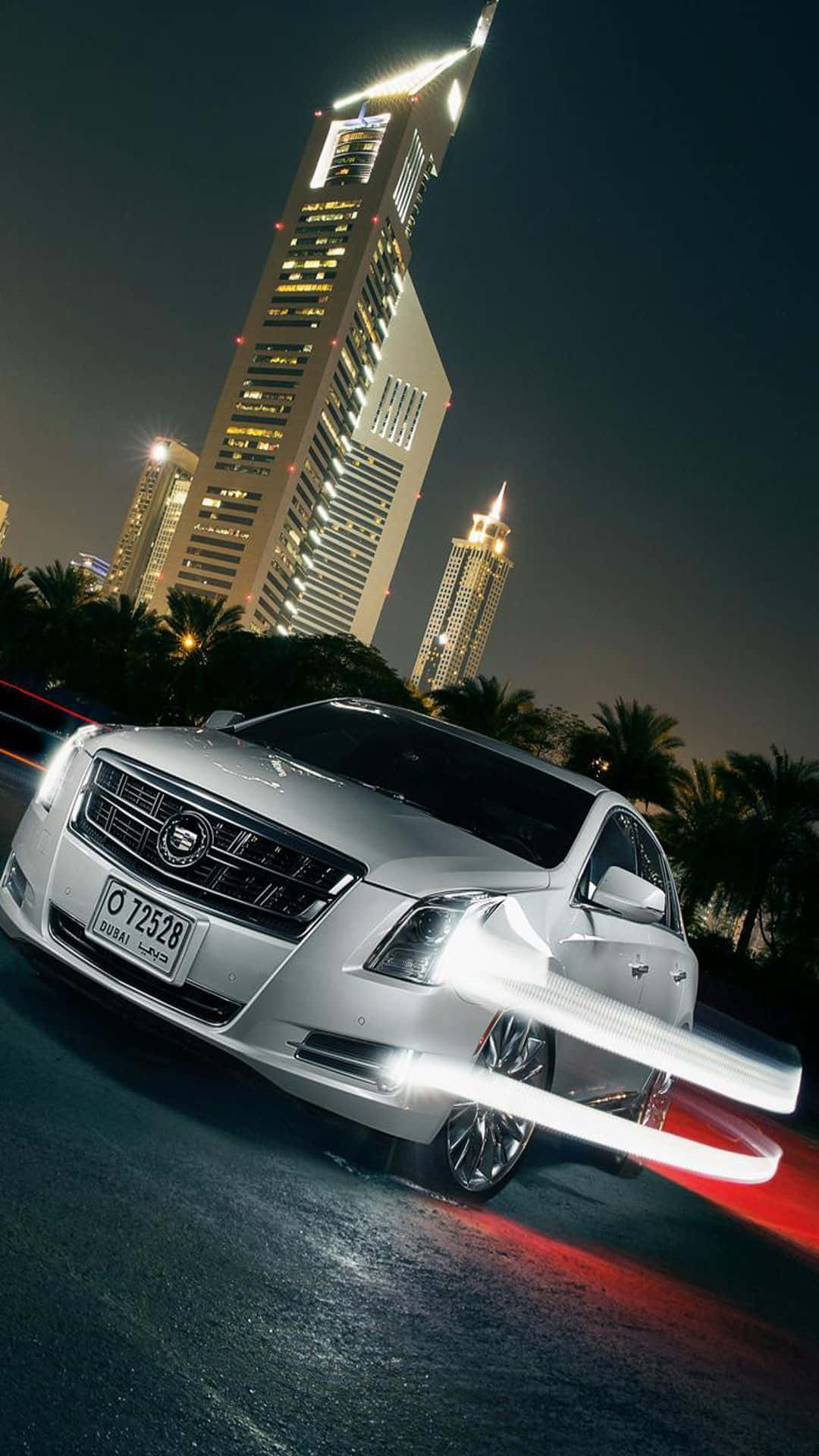 Cadillac XTS, silver, neon-lit Dubai night, Full HD Phone Wallpaper