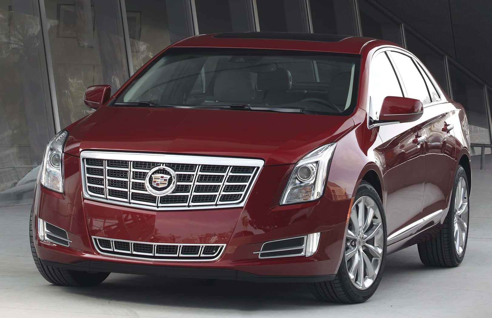 Cadillac XTS, glossy red, studio lights, HD Desktop Wallpaper
